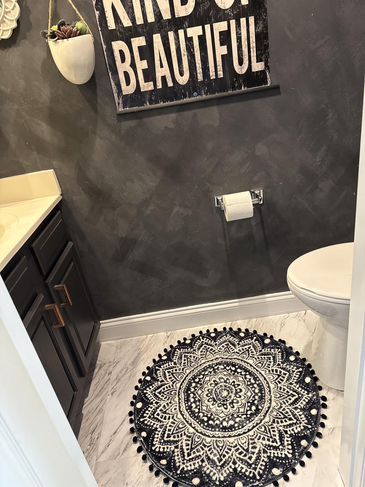 Uphome Boho Round Rug for Living Room 4' Circular Black Mandala Area Rug with Pom Poms Fringe Washable Cute Bohemian Accent Throw Rugs Non-Slip Soft Floor Mat for Bedroom Sofa Kids Room Nursery customer photo 2
