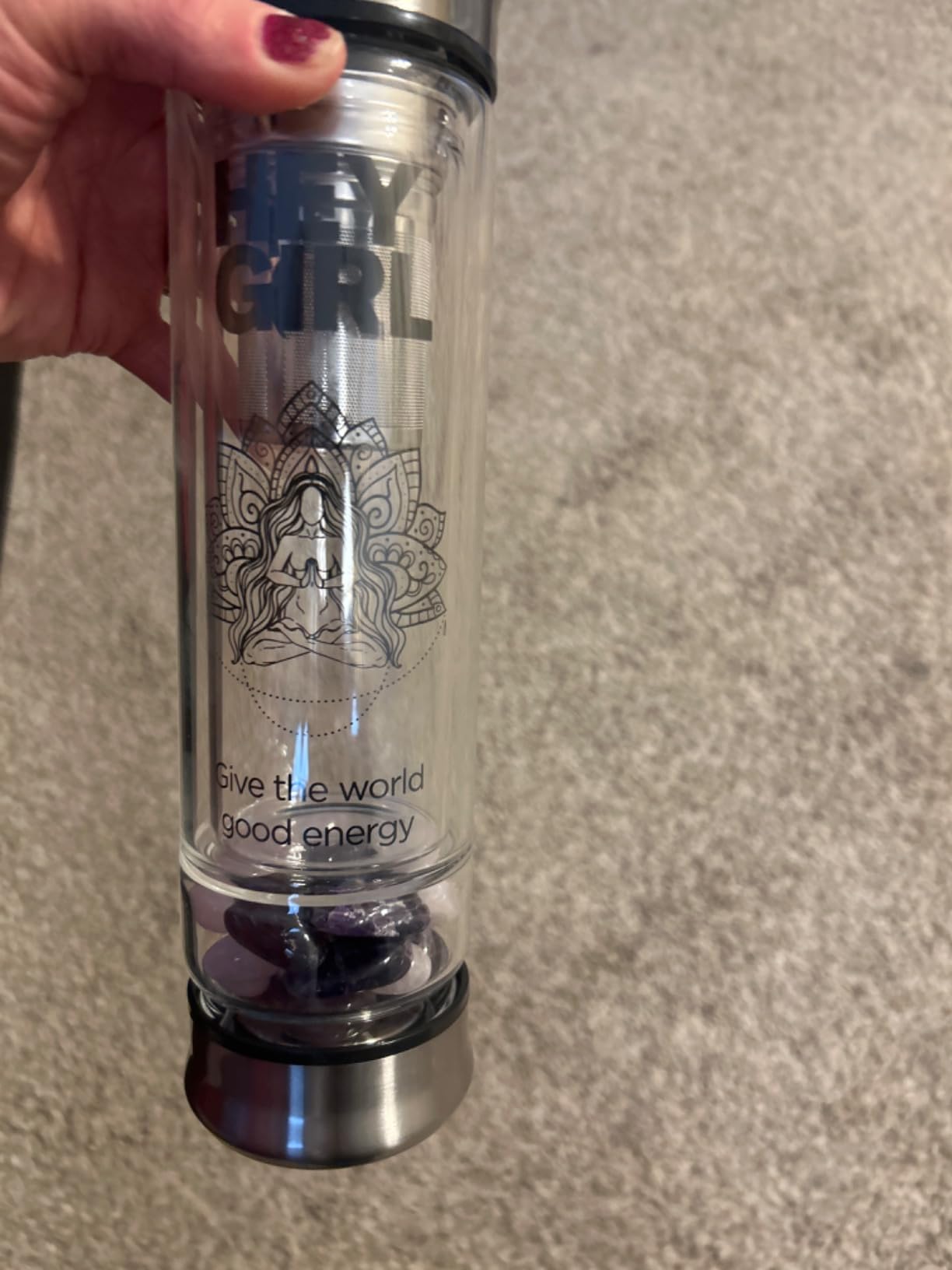 Crystal Water Bottle with Rose Quartz & Amethyst Crystal - Reusable Glass Water Bottles | Tea Infuser Mug Tumbler with Strainer for Loose Leaf Tea customer photo 1