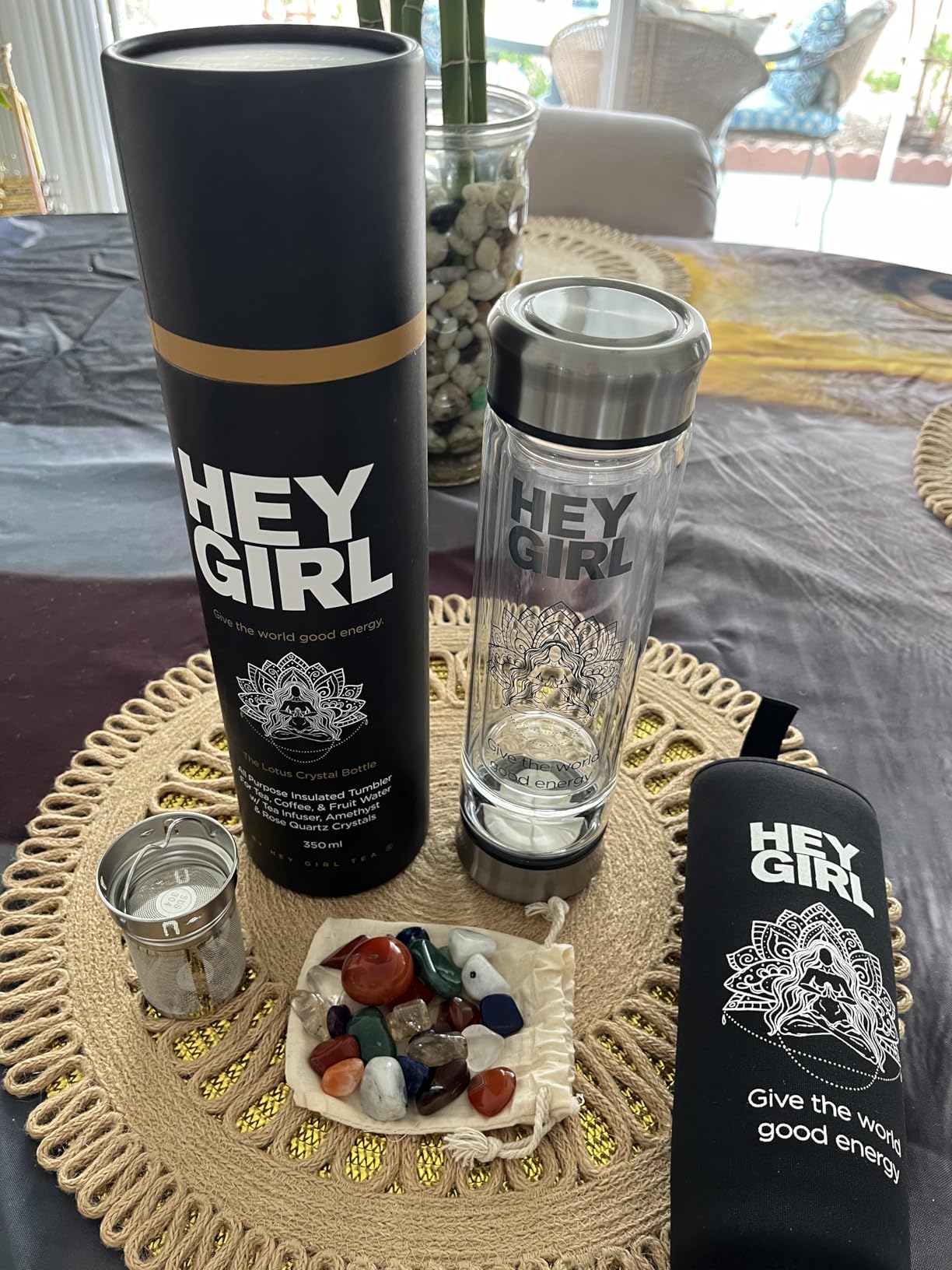 Crystal Water Bottle with Rose Quartz & Amethyst Crystal - Reusable Glass Water Bottles | Tea Infuser Mug Tumbler with Strainer for Loose Leaf Tea customer photo 2