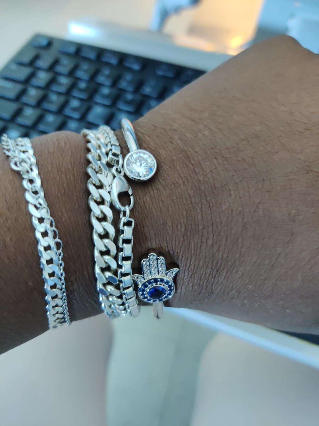 beautlace Hamsa Hand of Fatima Evil Eye Bangle Silver Plated Adjustable Hand Bracelets Protection Good Luck Jewelry Gifts for Women Men KB0019W customer photo 2
