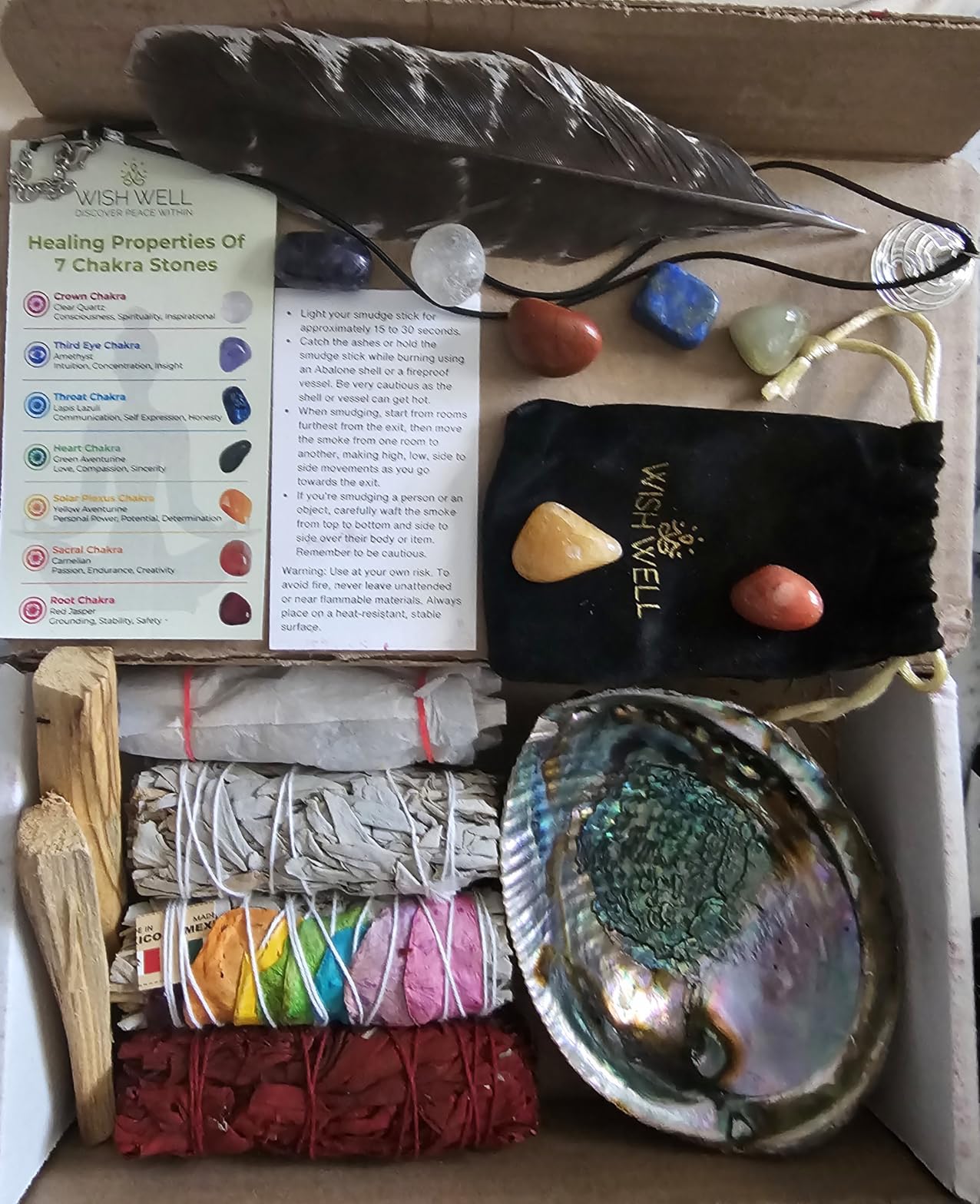 White Sage Smudge Kit with Palo Santo, Abalone Shell, Feather & Crystals | White Sage, Lavender Sage, Rose Petal 7 Chakra Sage, Palo Santo, Abalone Shell, Stand, Selenite & Clear Quartz Point Crystals customer photo 1