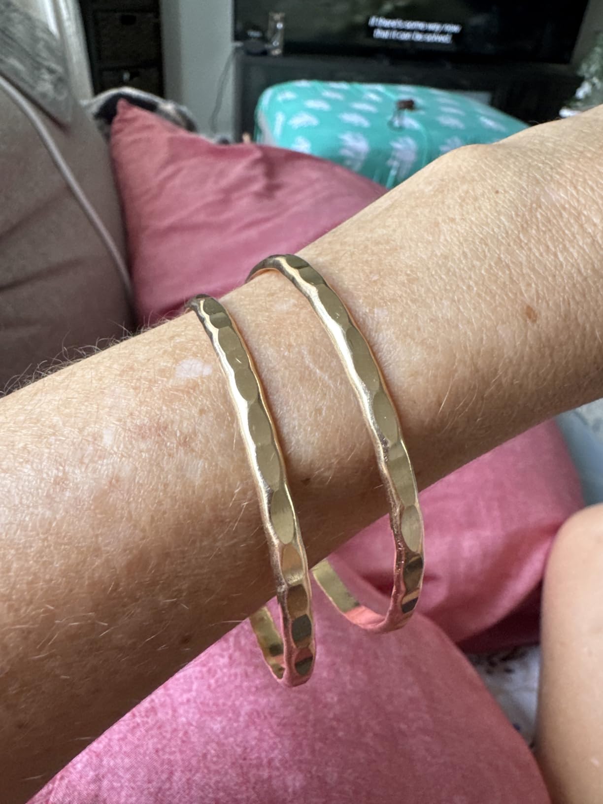 Wide Hammered Cuff Bracelet; Elegant Silver, Gold, and Rose Gold Filled Bangle with Heavily Hammered Texture; Women's Stacking Cuff by Lotus Stone Design customer photo 2