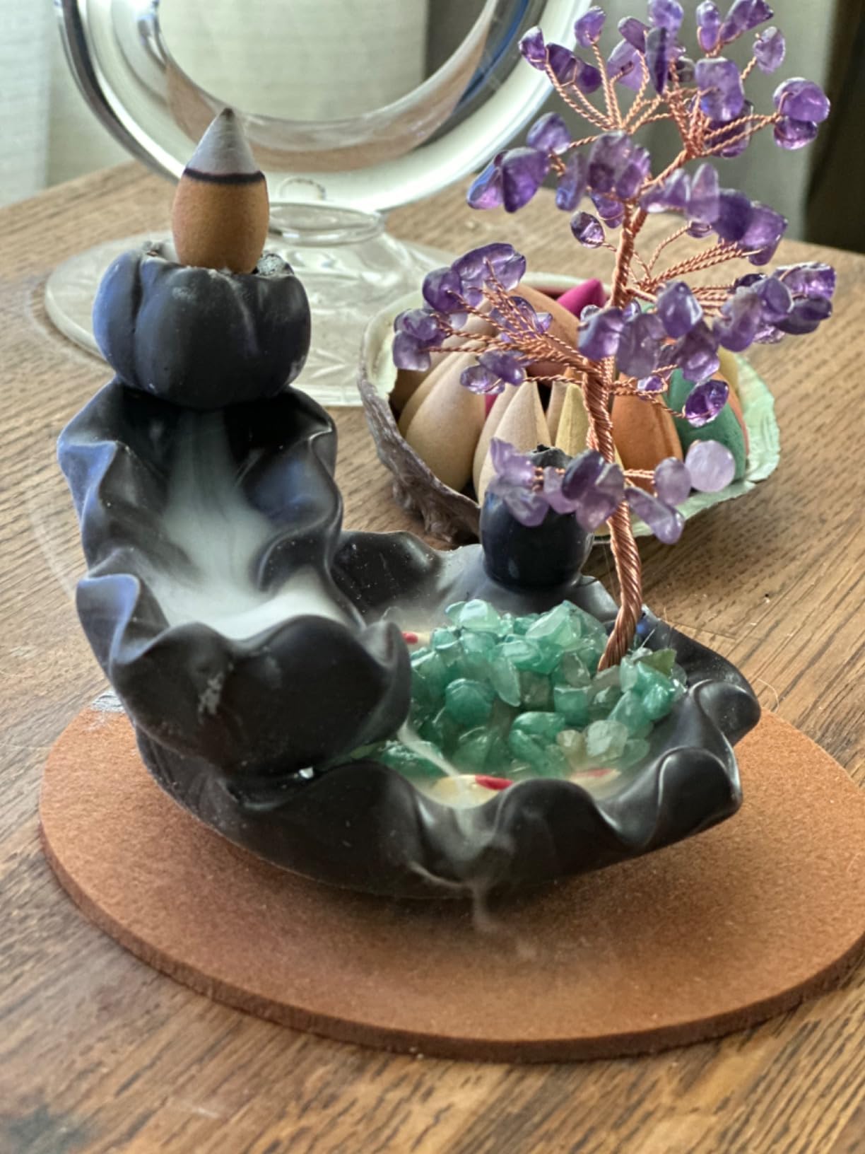 Ceramic Waterfall Incense Burner, Money Tree Backflow Holder Healing Crystal Stone, with 30 Cones + Stick for Yoga Meditation Home Zen Decoration (Amethyst) customer photo 1
