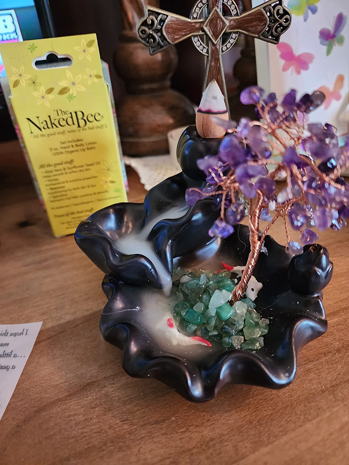 Ceramic Waterfall Incense Burner, Money Tree Backflow Holder Healing Crystal Stone, with 30 Cones + Stick for Yoga Meditation Home Zen Decoration (Amethyst) customer photo 2