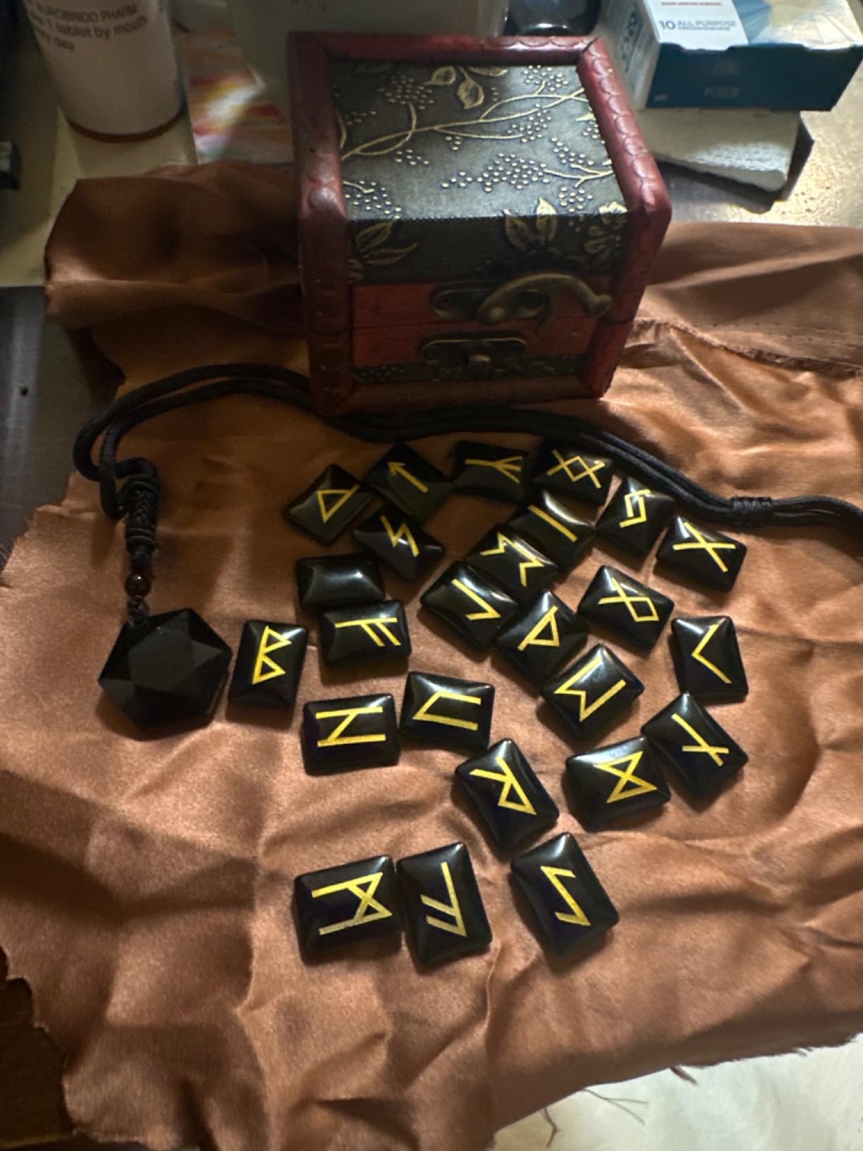 kcrygogo Rune Set with Elder Futhark Alphabet Crystal Meditation Divination Healing Chakra Reiki with Vintage Wooden Box and Natural Obsidian Pendant(3Pcs) customer photo 2