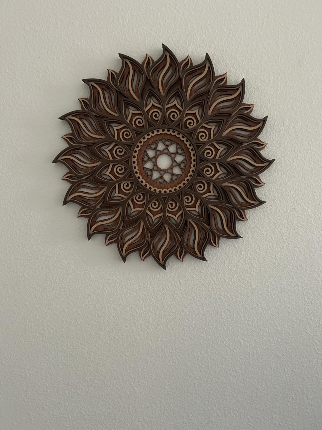 ADDMES 11.8 Inch Sun Wall Decor, Wooden Mandala Wall Art, Hollowed-out Sun Hanging Sign, Multi-layers Lotus Flower Wall Decor, Spiritual Room Decor for Bedroom, Living Room, Farmhouse Decor customer photo 1