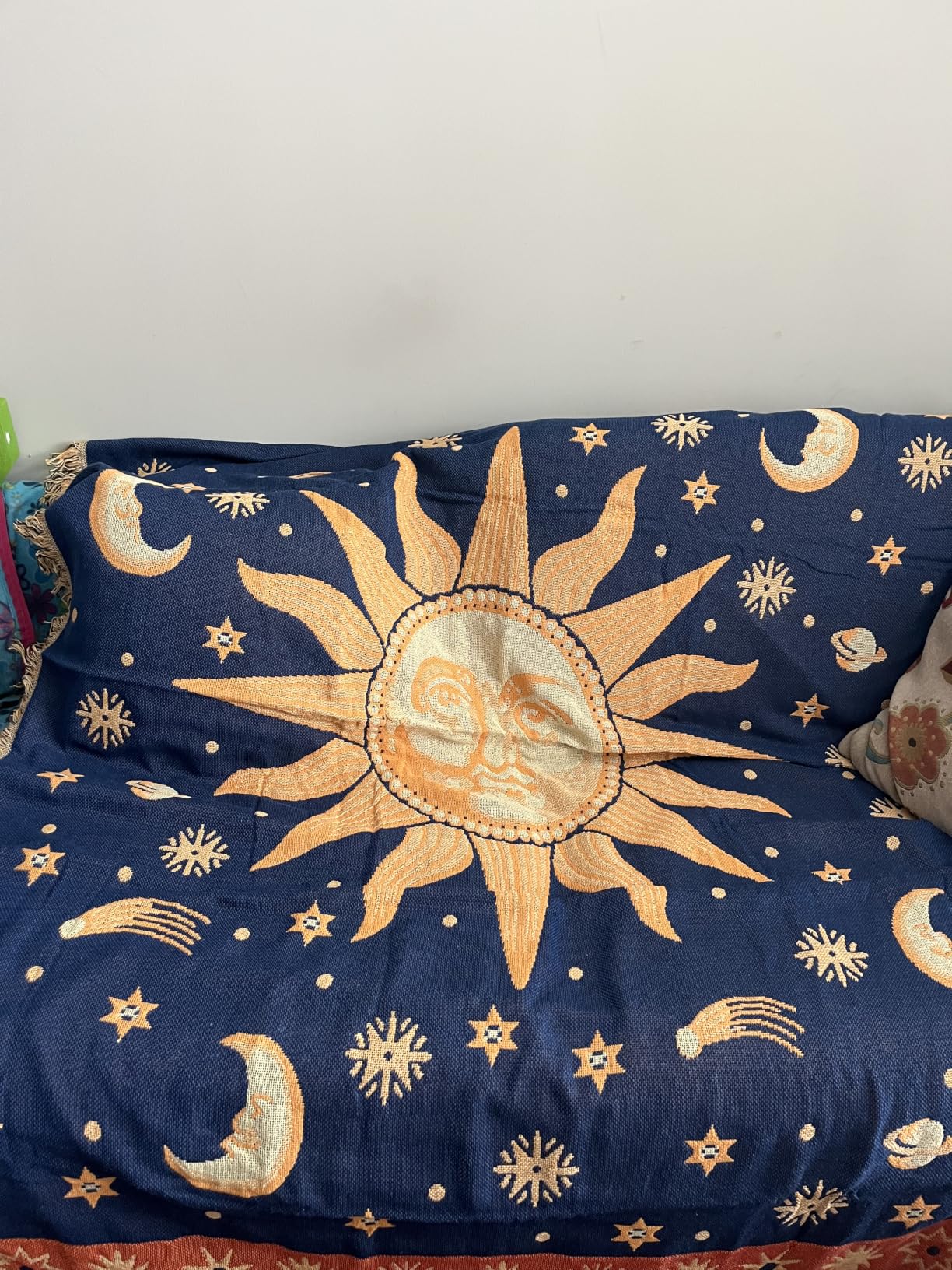 Hippie Throw Blanket Sun Moon Stars Boho Throw Blankets Celestial Tapestry Double-Sided Reversible Woven Cotton Home Decor Bedding Chair Couch Recliner Cover Oversized Tassels Astrology 50