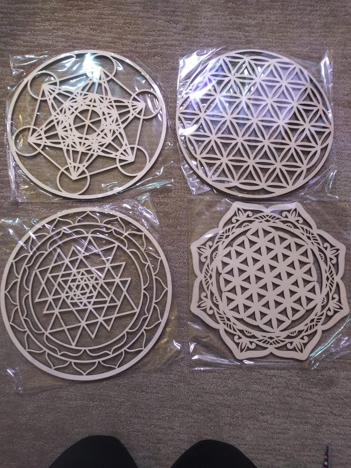 Youyole 4 Pcs 12 Inch Sacred Geometry Wood Wall Art Set Crystal Grid Board Zen Metatron Cube Sri Yantra Flower of Life Mandala Flower of Life Zen Wooden Wall Hanging Decor for Home Room customer photo 2