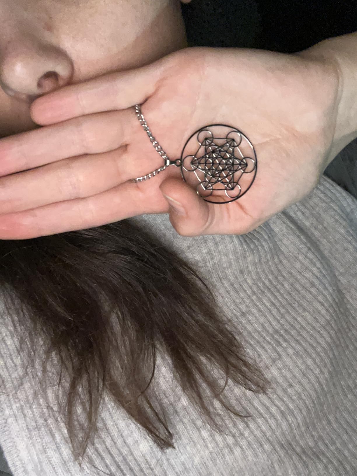 VASSAGO Metatron's Cube Necklace Stainless Steel Geometric Hollow Mesh Pendant Sacred Hexagram Religious Jewelry for Men Women (1-Silver) customer photo 1