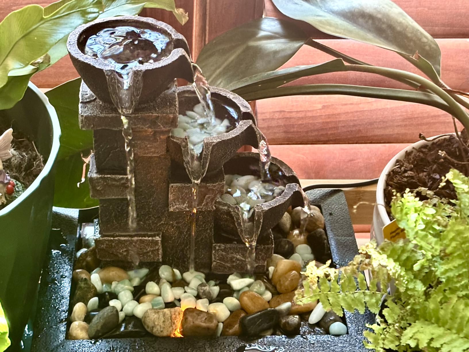 3-Tier Stone Wall Tabletop Water Fountain with Natural River Rocks, LED Lights, Zen Meditation Waterfall for Office and Home Decor, Relaxing Desktop Fountain customer photo 2