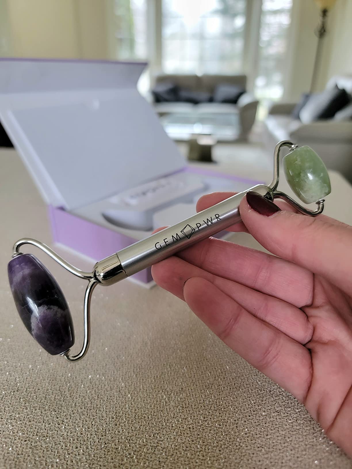 Amethyst + Jade Roller for Face and Neck Massage, Dual Gemstones with Durable Steel Handle and Travel Bag. Minimize Wrinkles, Reduce Puffiness and Restore Skin's Elasticity and Radiance customer photo 2