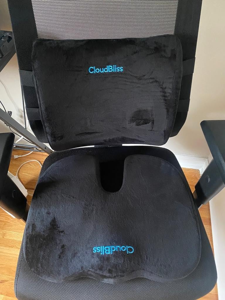 CloudBliss Lumbar Support Pillow & Seat Cushion Set for Office Chair, Desk Chair, Wheelchair & Car - Memory Foam Back Support, Ergonomic Chair Cushions, Sciatica Pain Relief, Home Essentials, Black customer photo 2