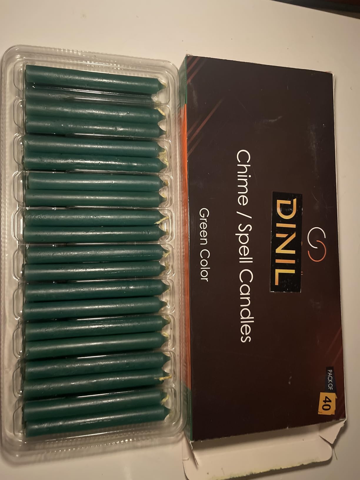 Dinil Green Spell Candles, 4 Inch Mini Chime Candles, Set of 40 | Unscented paraffin taper candles, cotton wicks; approx 60 total burn hours (40 x 1.5-hr), for money and prosperity rituals customer photo 1