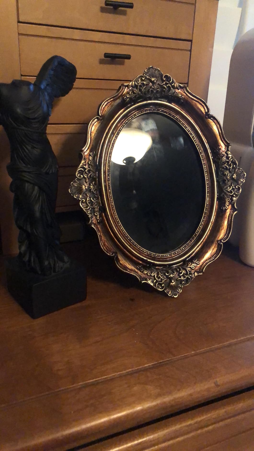 Black Scrying Mirror - Witchcraft Tools Altar Kit Supplies for Divination - Decorative Oval Antique Dark Gold 8.3