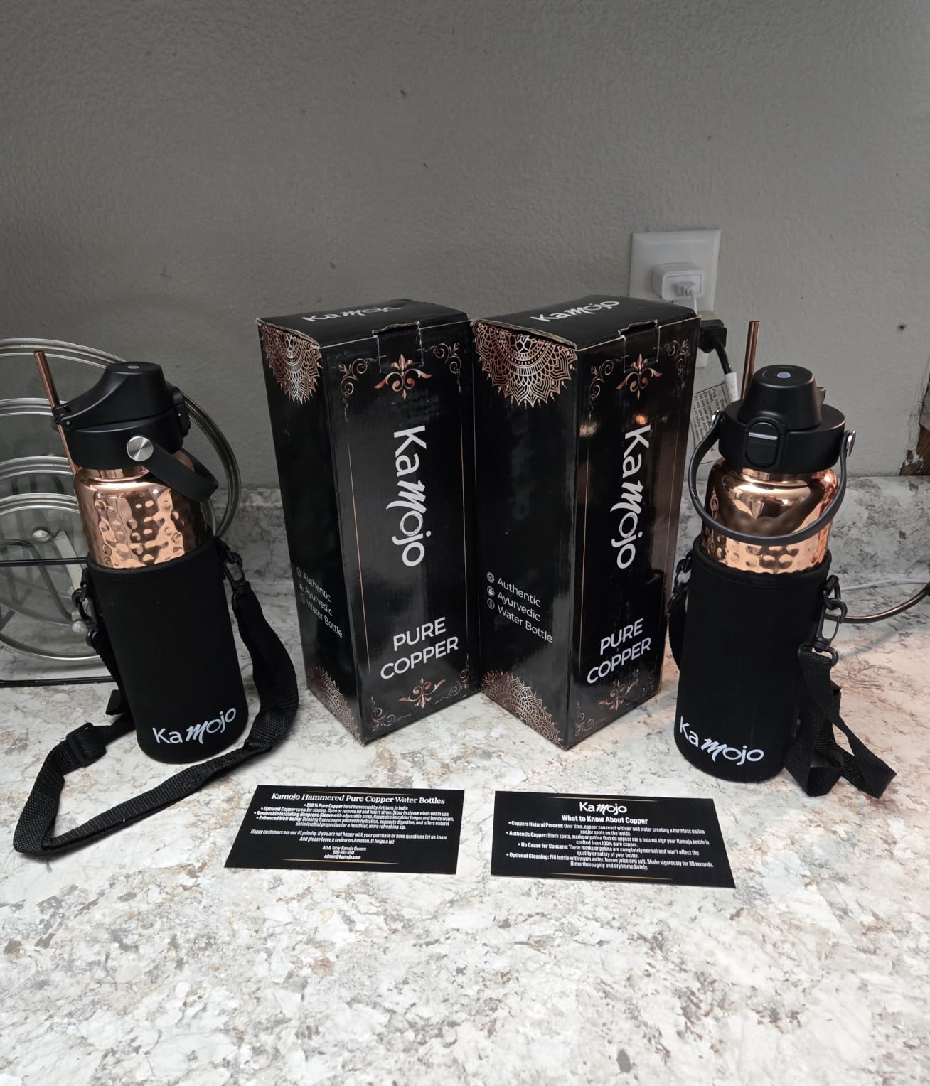 Kamojo Pure Copper Water Bottle for Drinking Water - 100% Hammered Tumbler with Flip-Top Push Button Lid, Copper Straw & Insulating Sleeve - Handcrafted Ayurvedic Cup 32 oz customer photo 1