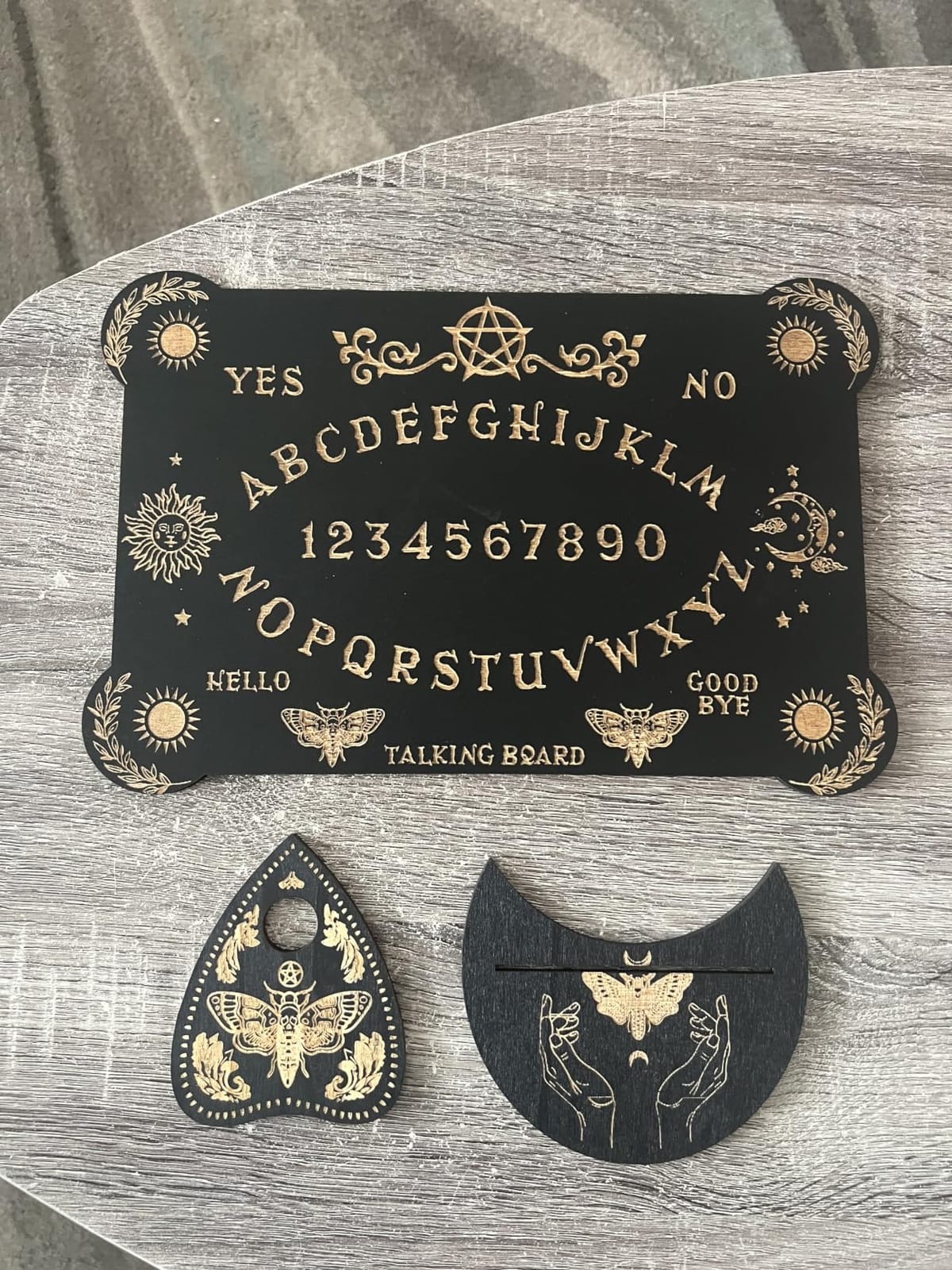 CREATCABIN 3Pcs Wooden Spirit Board Kit Tarot Card Stand Holder Moth Divination Board Set with Planchette Black Altar Card Display Stand Rectangle Talking Board for Witch Board Divination Tools customer photo 1