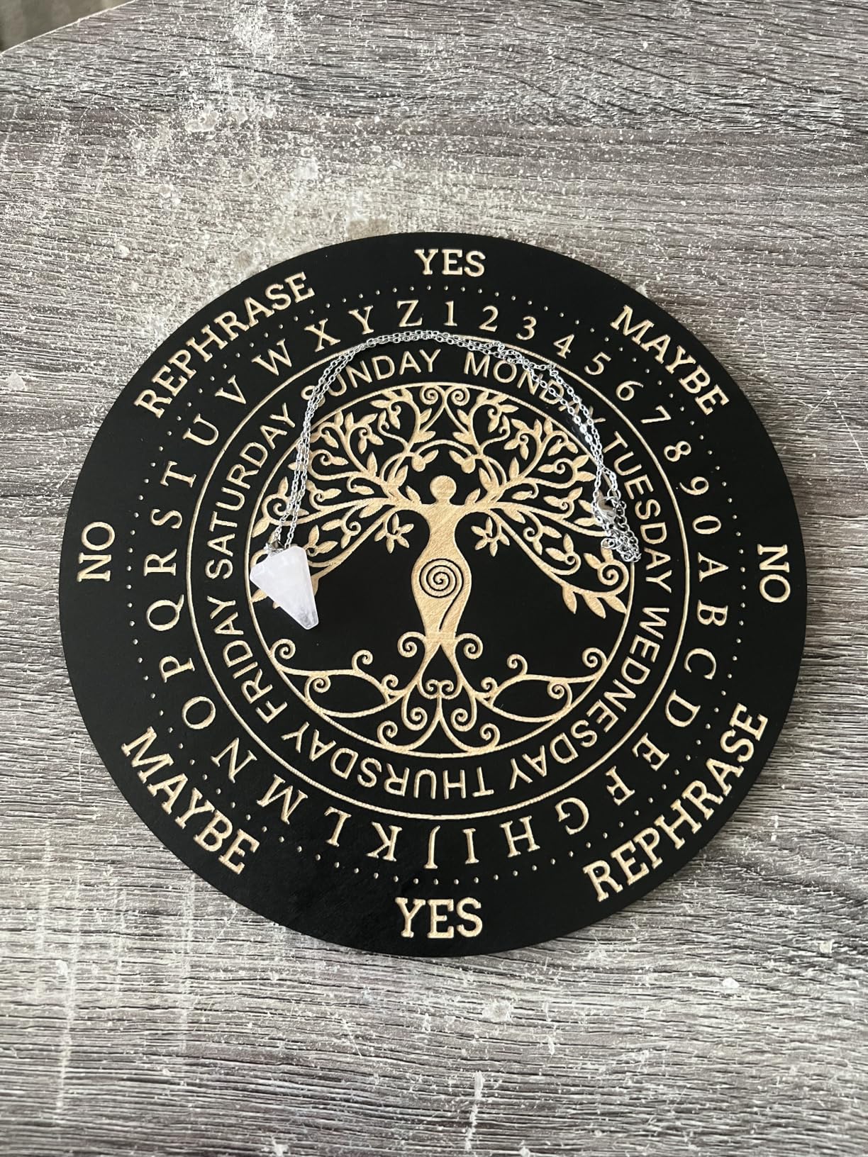 AHANDMAKER Pendulum Board Set, Wooden Dowsing Divination Board Metaphysical Message Board with Crystal Pendulum Necklace for Witchcraft Wiccan Altar Supplies Kit, Tree of Life Pattern customer photo 1