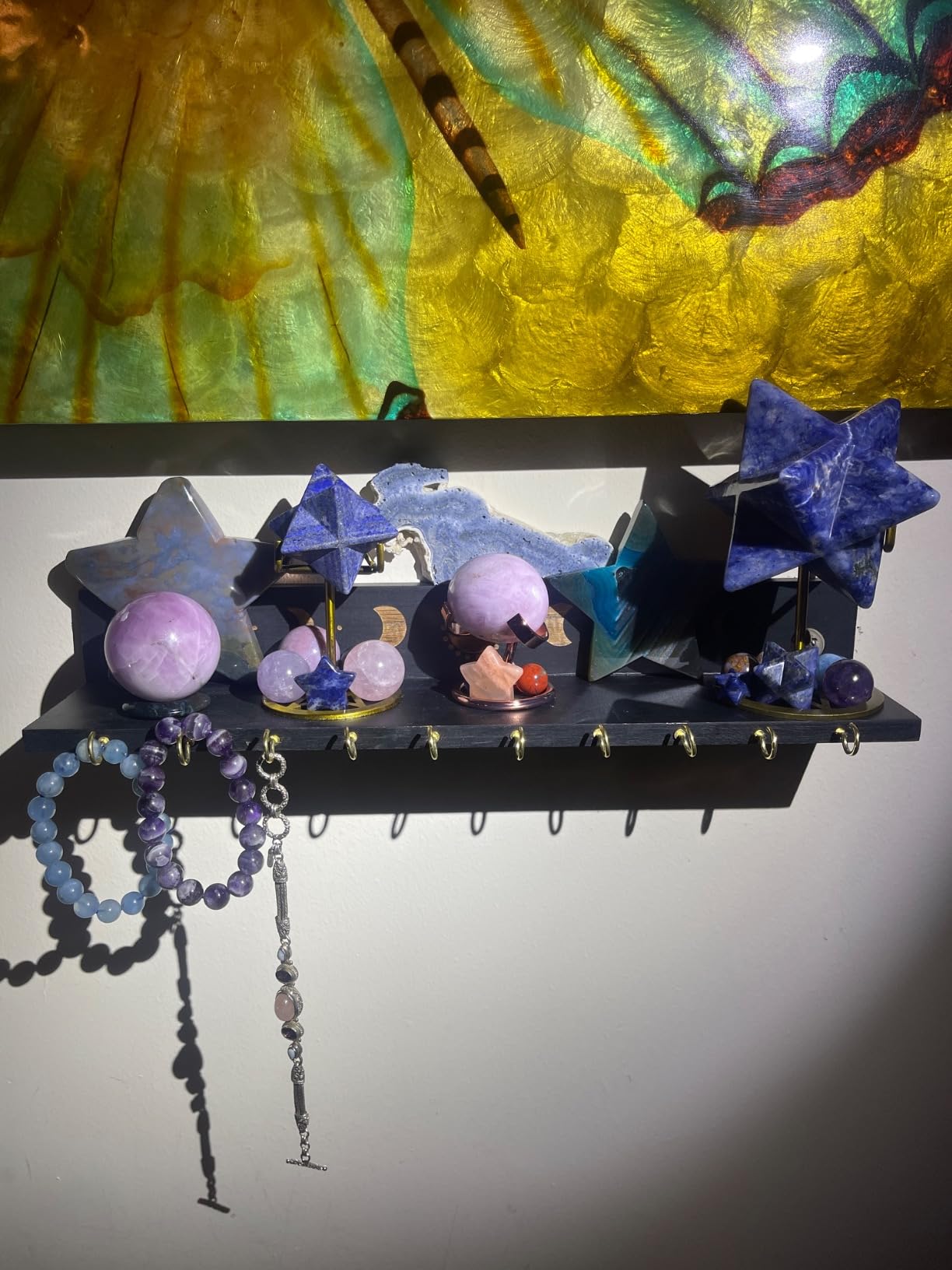Crystal Shelf with Hooks Set of 3, Moon Shelf Display Wall Mount, Wood Floating Shelves for Celestial Decor and Room Decor, Crystal Display Shelf Holder for Stones, Essential Oils (Black) customer photo 2