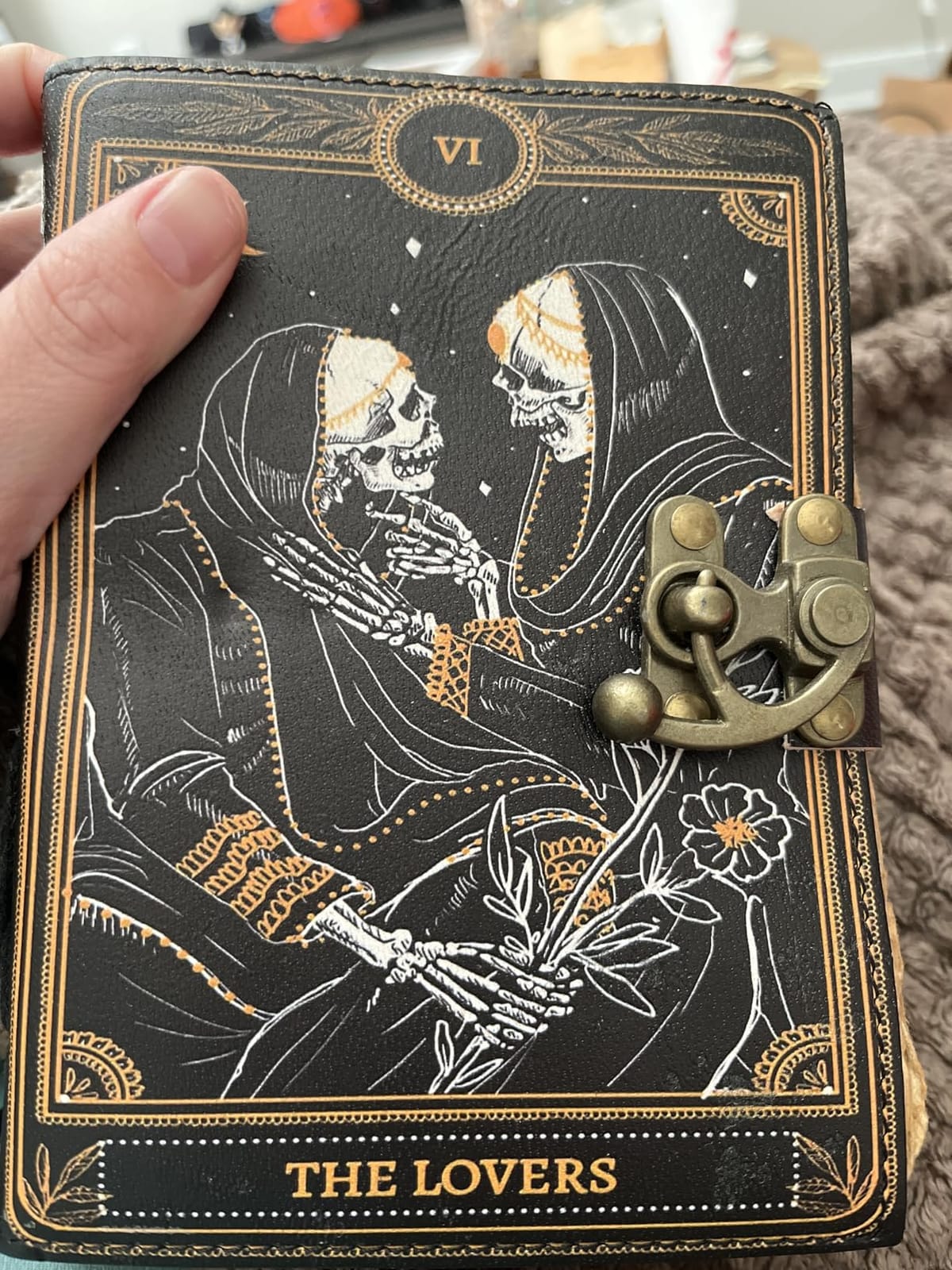 C CUERO Book of Spells Leather Journal Deckle Edge Paper Grimoire Printed Journal The Lovers Tarot Notebook Spiral Gothic Notebook Skull lover Antique Vintage Leather Journals for Men and Women (6 x 8) customer photo 1