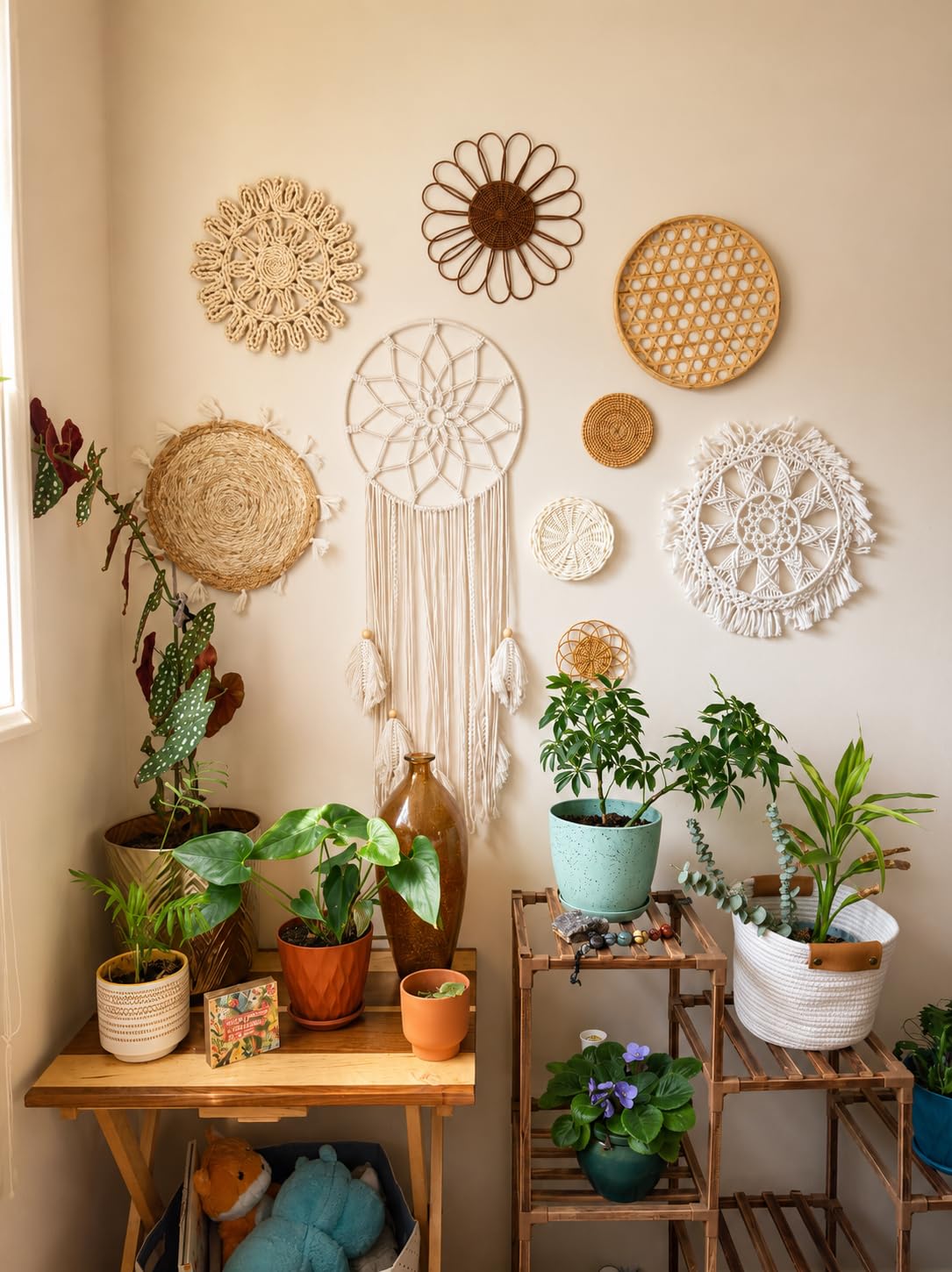 Boho Wall Basket Decor Set of 8 - Flat Woven Basket Wall Hanging Decor, Round Tassels White Macrame Tapestry Wall Decor Art, Handmade Rattan Wicker Seagrass Home Wall Baskets Decor (Boho Classic) customer photo 1
