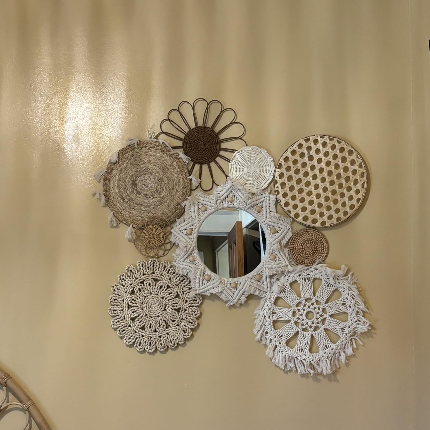 Boho Wall Basket Decor Set of 8 - Flat Woven Basket Wall Hanging Decor, Round Tassels White Macrame Tapestry Wall Decor Art, Handmade Rattan Wicker Seagrass Home Wall Baskets Decor (Boho Classic) customer photo 2