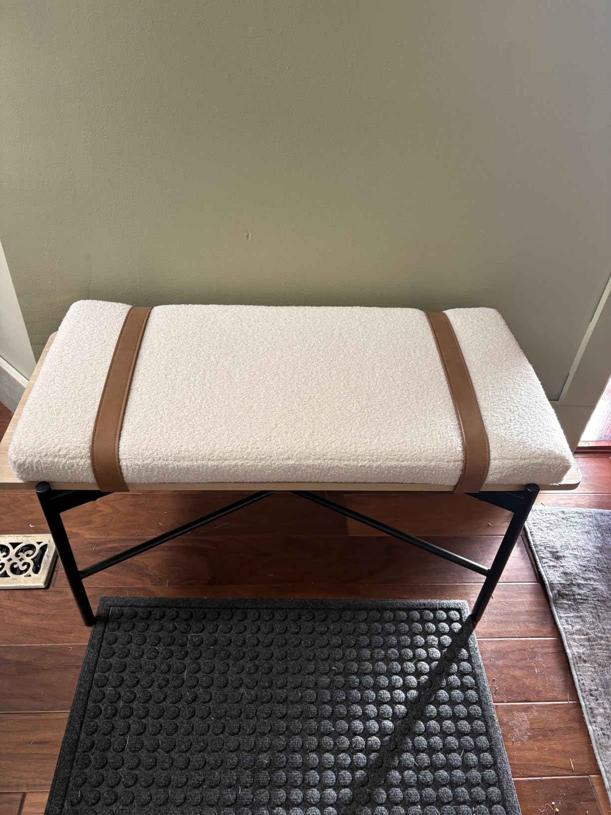 Nathan James Thatcher Upholstered Entryway Bench with Removable Boucle Cushion, Vegan Leather Straps, and Matte Black Metal Legs customer photo 1