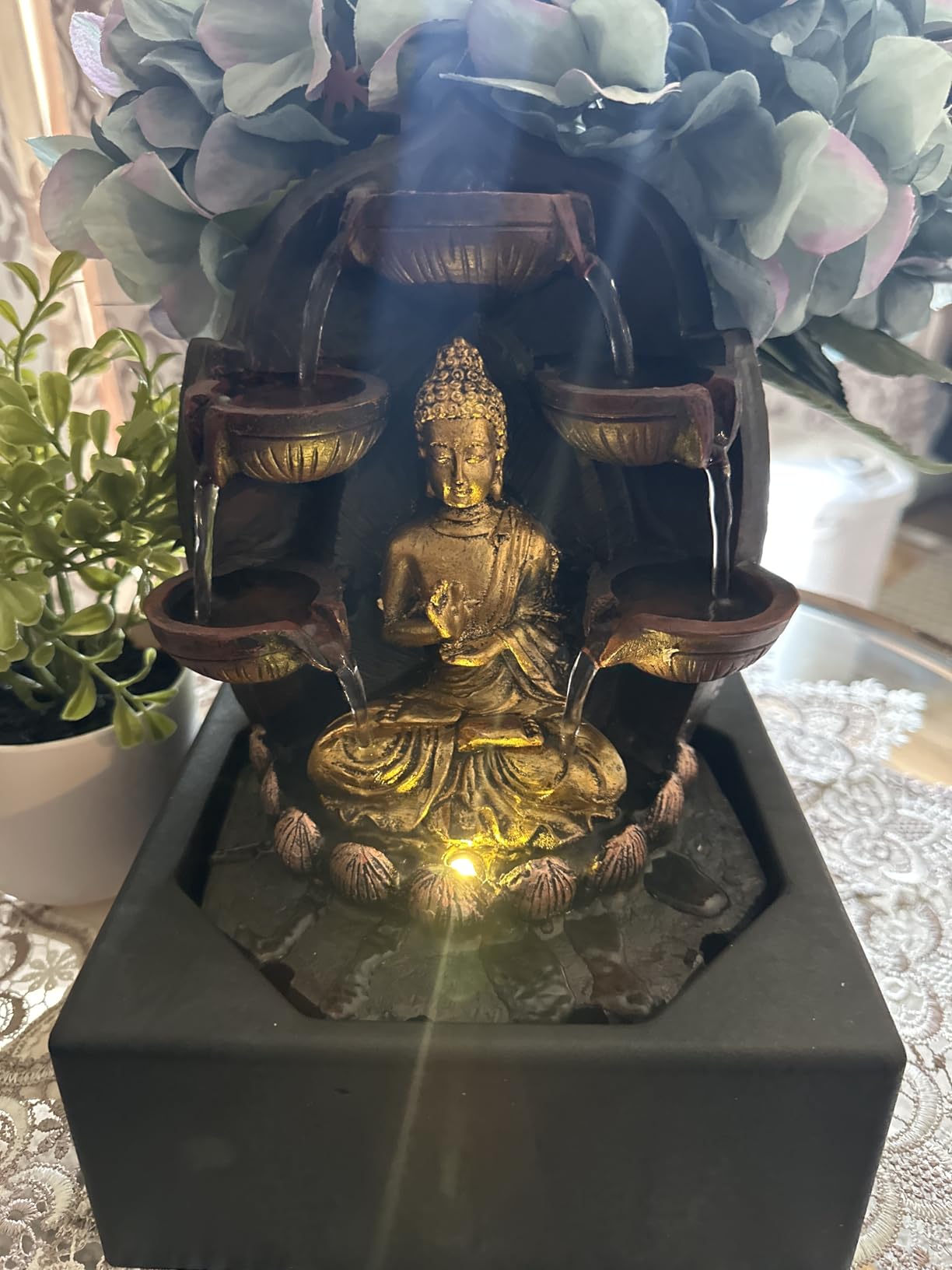 TERESA'S COLLECTIONS Tabletop Water Fountain Indoor for Home Decor, Gold Buddha Statue with LED Light and Pump for Living Room, Waterfall Fountain Indoor Zen Home Decor Dad Gifts for Men 13.2
