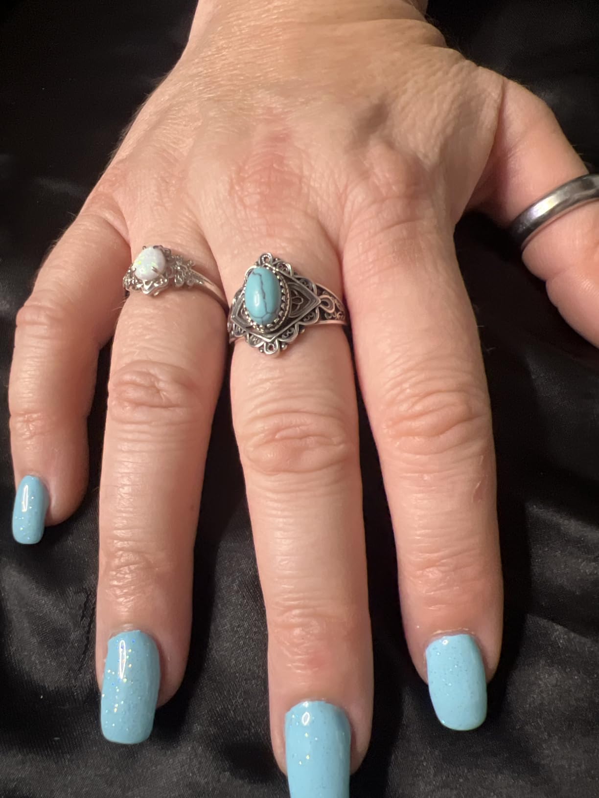 Natural Turquoise Rings for Women Sterling Silver Western Boho Style Statement Ring Genuine Gemstone Rings Jewelry Gift for Birthday Mother's Day Christmas. customer photo 1