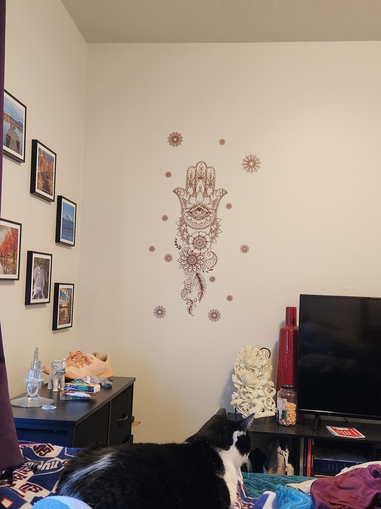 Runtoo Mandala Wall Art Decal Grey Boho Floral Hamsa Hand Zen Wall Stickers for Bedroom Living Room Yoga Home Decor customer photo 2