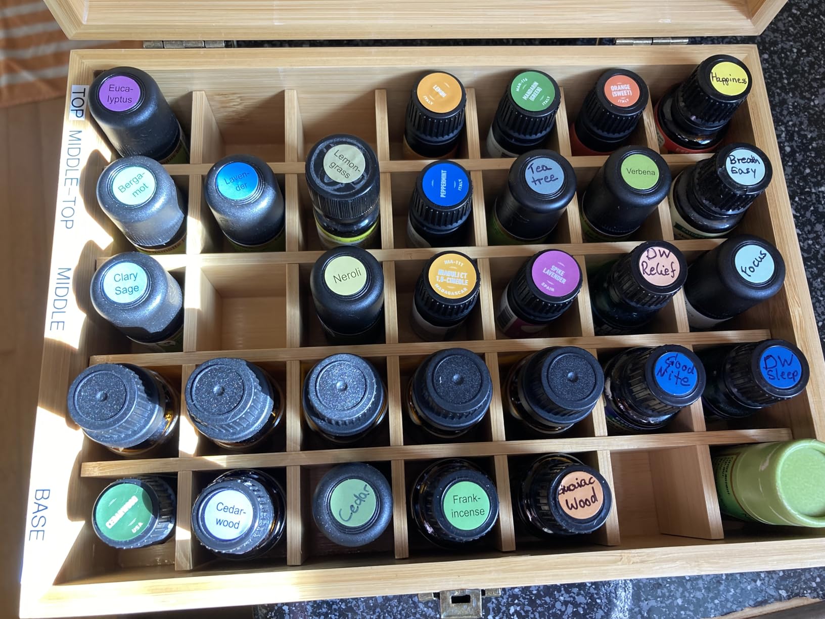 Pure Vie 24-Slot Bamboo Essential Oil Storage Box with Bottle Cap Label | Exquisite Craftsmanship Aromatherapy Organizer Perfume Carrying Case Fits 5-15 ml Bottles, Keep Scented Oil Safe, Space Saver customer photo 1