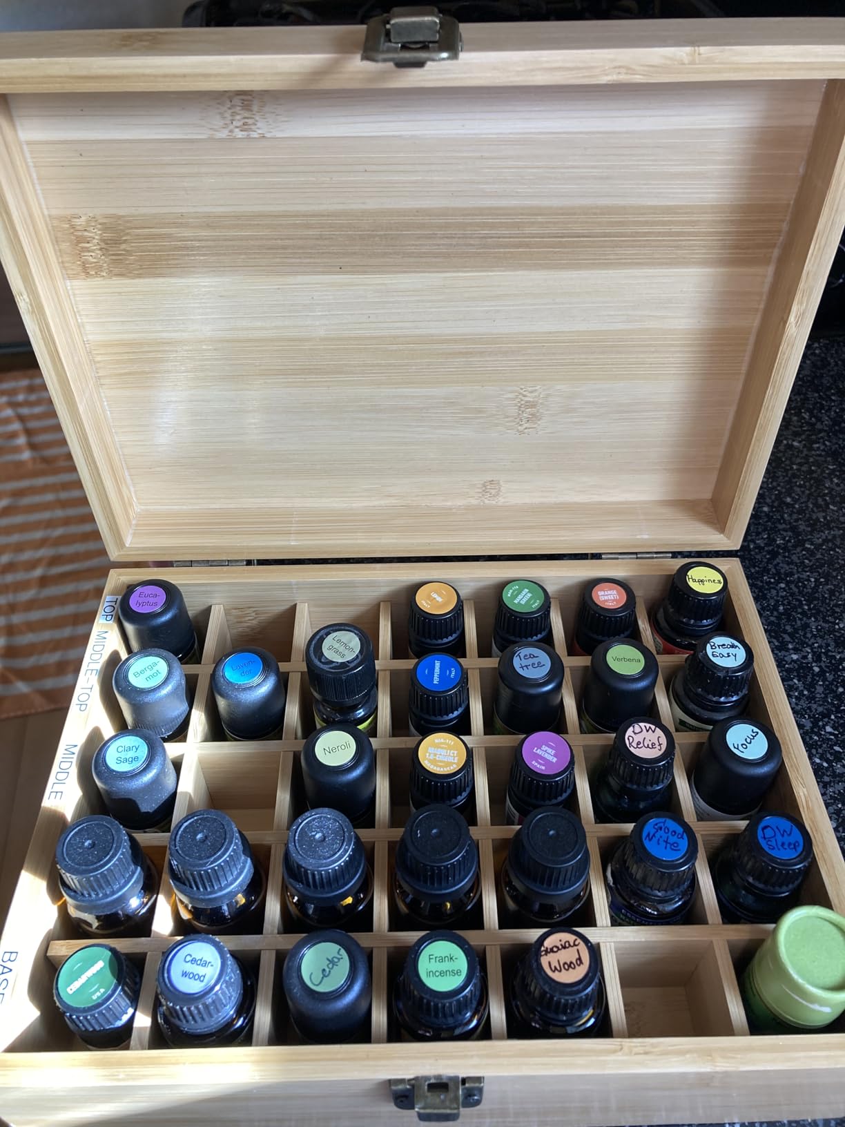 Pure Vie 24-Slot Bamboo Essential Oil Storage Box with Bottle Cap Label | Exquisite Craftsmanship Aromatherapy Organizer Perfume Carrying Case Fits 5-15 ml Bottles, Keep Scented Oil Safe, Space Saver customer photo 2