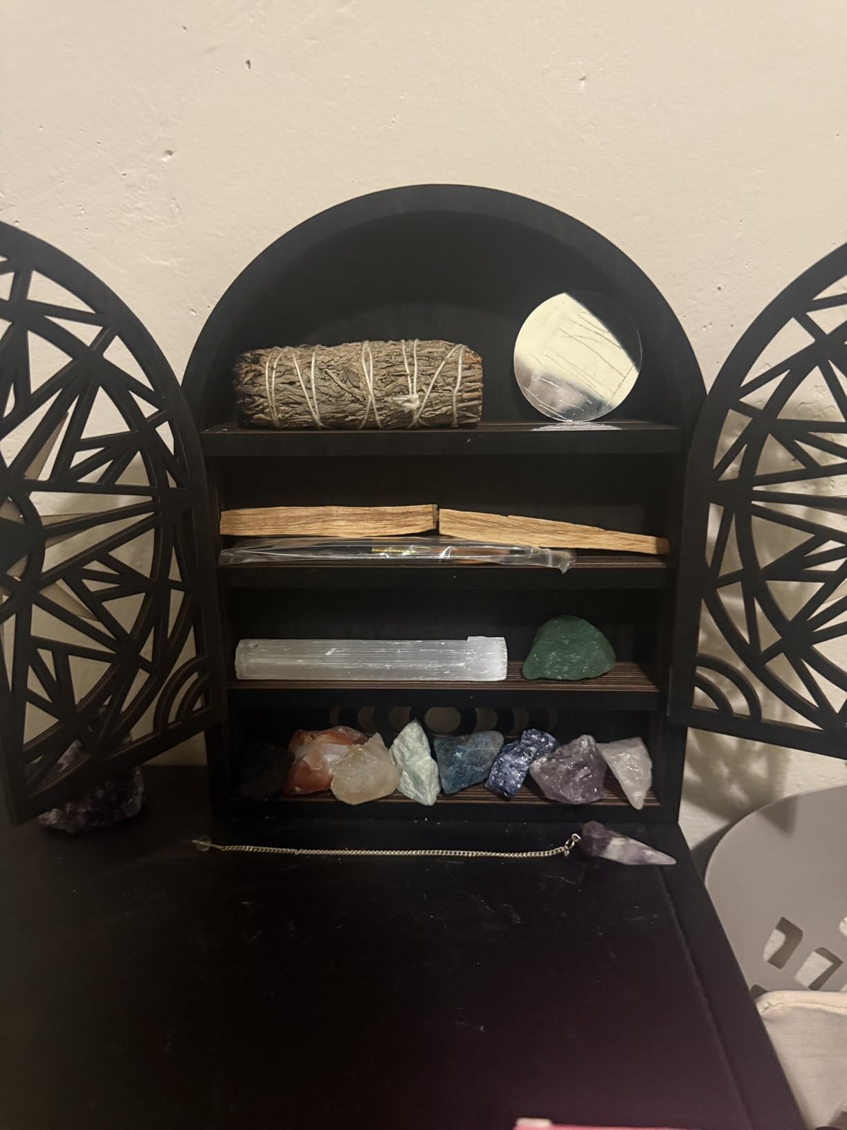 Crystal Shelf for Wall, Gothic Display Cabinet, Goth Witchy Wall Decor | Crescent Moon Phase Wall Shelf, Wooden Storage Organizer for Stones Collection, Arch Crystal Holder Shelf, Meditation Gift customer photo 2