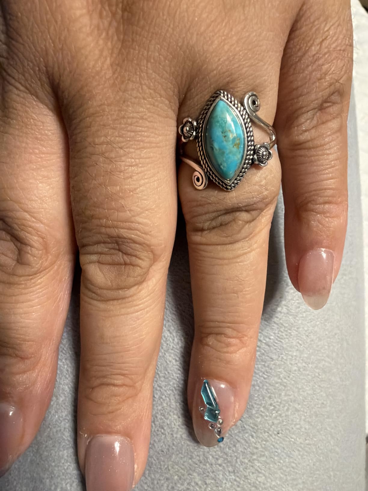 AVECON Turquoise Rings for Women, 925 Sterling Silver Vintage Boho Band | Marquise Cut Statement Rings, Genuine Turquoise Jewelry for Women, Skin-Friendly, Flower&Vein, Tarnish-Resistant, Size 5-9 customer photo 2