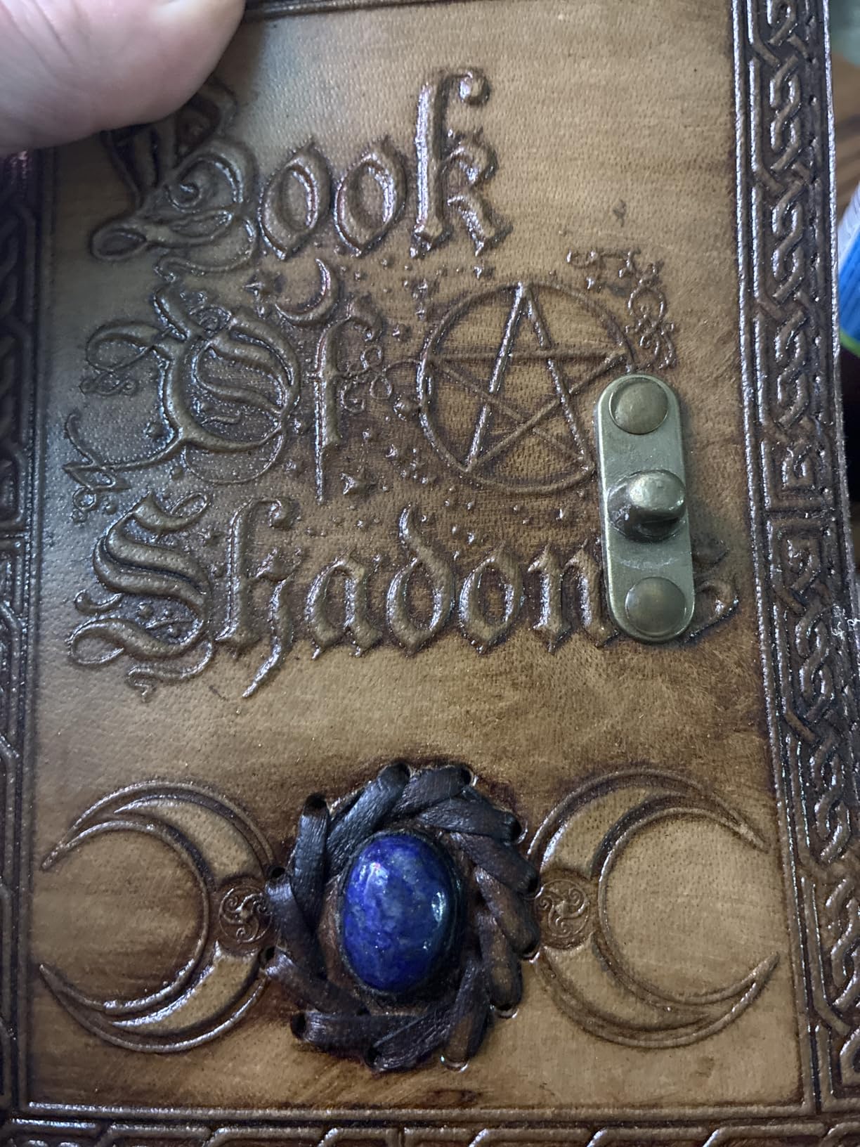Book of Shadows Grimoire Journal - 200 Pages Antique Deckle Edge Paper, Triple Moon, Pentagram, Witch Journal Leather Cover with Semi Precious Stone Lock Closure Vinatge journal 7x5 Inch customer photo 1