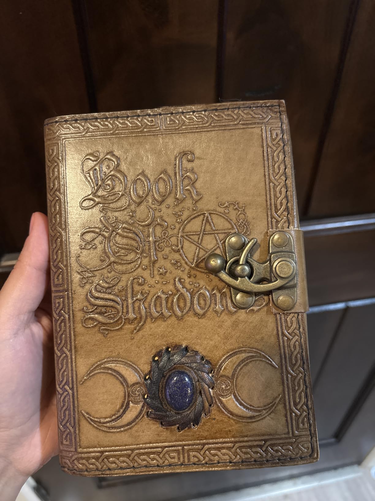 Book of Shadows Grimoire Journal - 200 Pages Antique Deckle Edge Paper, Triple Moon, Pentagram, Witch Journal Leather Cover with Semi Precious Stone Lock Closure Vinatge journal 7x5 Inch customer photo 2