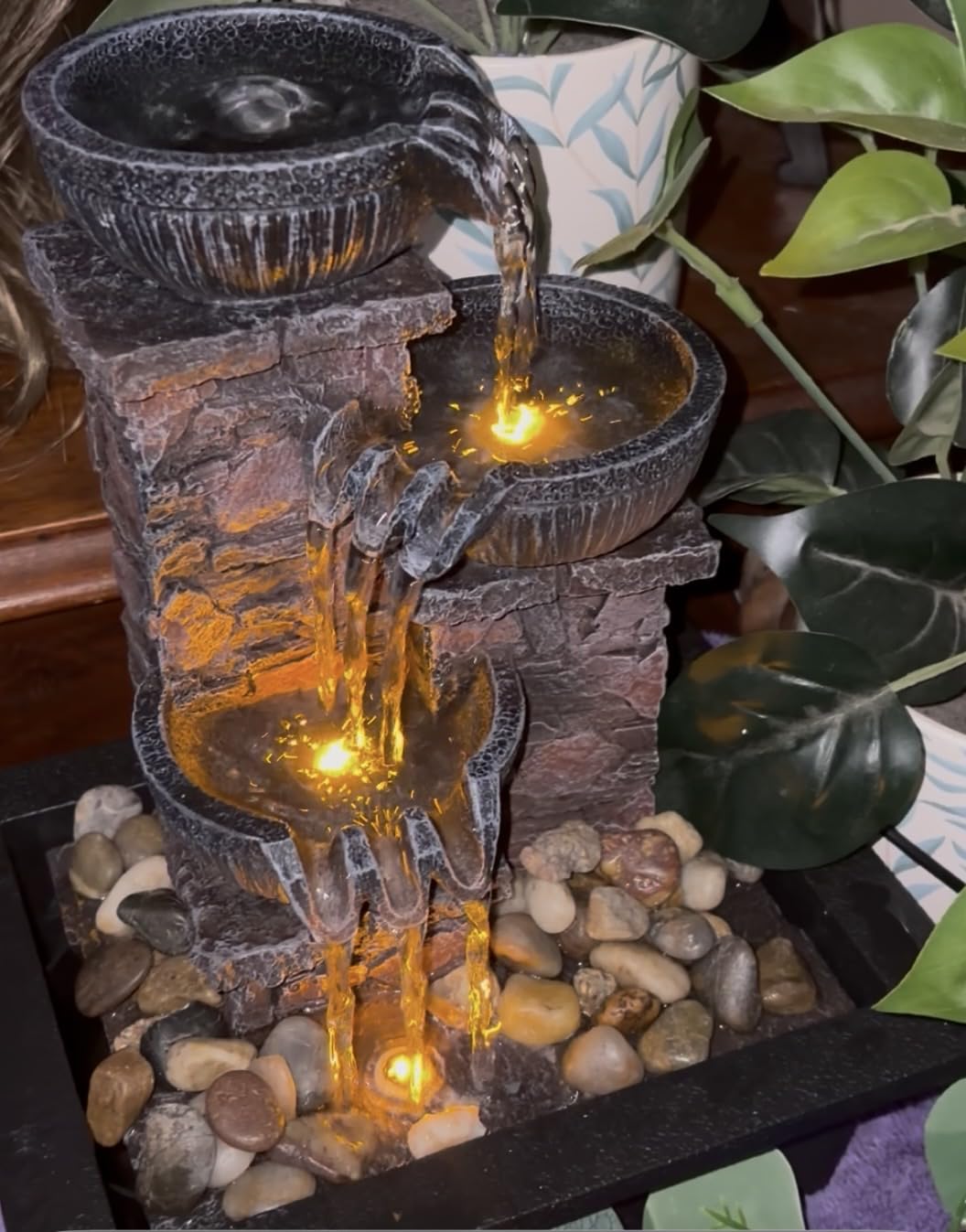 Kalona Tabletop Waterfall Fountain 3 Bowls with LED Light, Soothing Water Flow Sound, Zen Meditation Decor for Home and Office, Relaxation Water Fountains Indoor customer photo 1