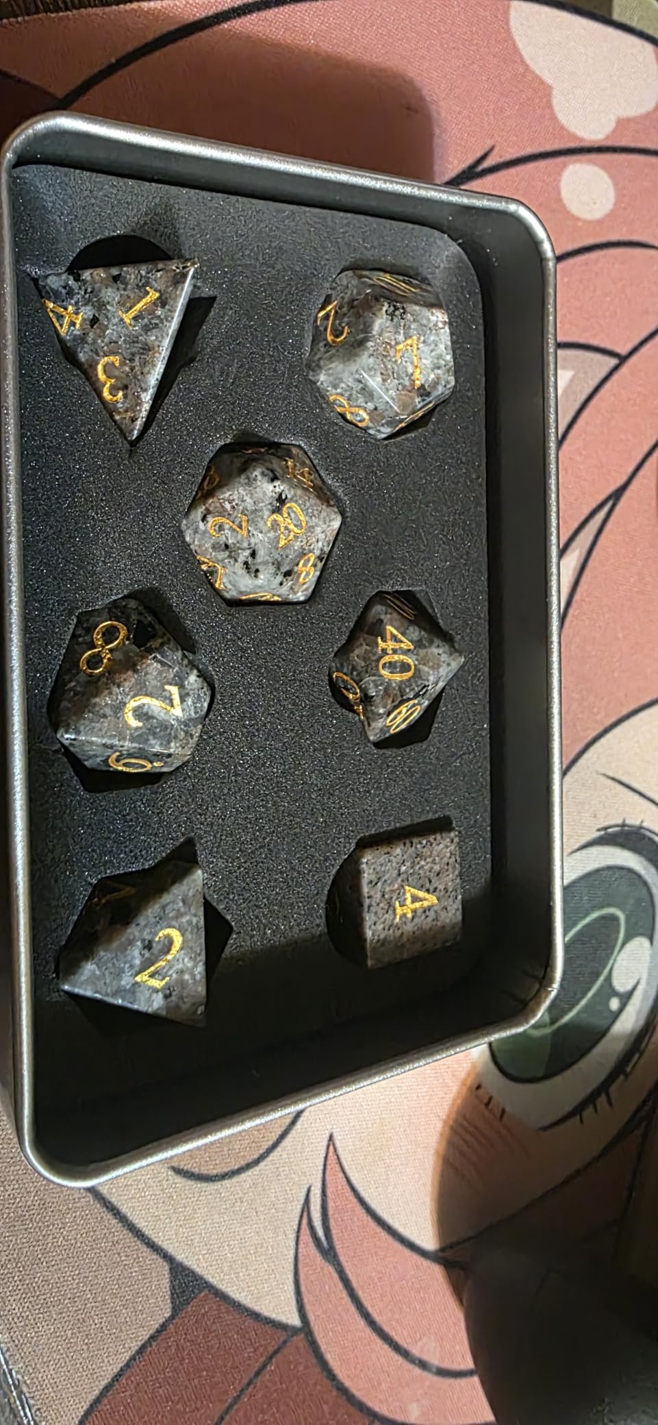 Natural Obsidian Dice Set, 7-Piece Hand-Carved Polyhedral Dice for Dungeons & Dragons (D&D), Pathfinder, Call of Cthulhu, Tabletop RPG Gaming, Collectible Gemstone Dice with Gold Numbering (Black) customer photo 1