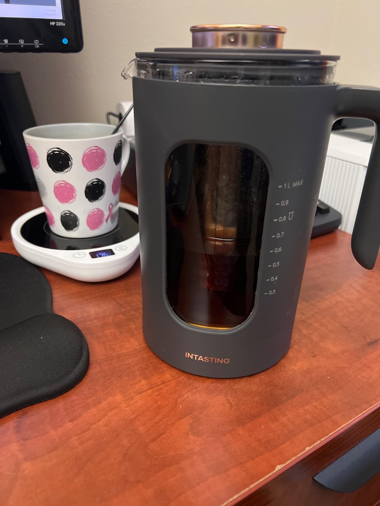 INTASTING Electric Tea Kettle with Infuser, 1degF Temperature Control, 1 Liter | 1200W Fast Heating, BPA-Free Glass, Easy to Clean, Keep-warm, Auto shut-off, Dark Gray customer photo 1