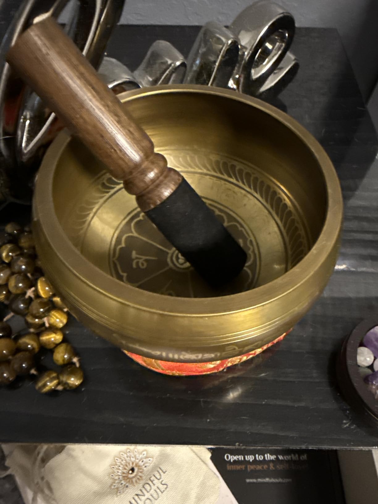 AKLOT HandMade Meditation Singing Bowl: Tibetan Sound Bowl Set with Pure Tone, Sound Bath Bowl with Cushion, Mallet, Spiritual Gift for Chakra Clearing, Healing, Yoga, Prayer, Relaxation (3.5 Inch) customer photo 2