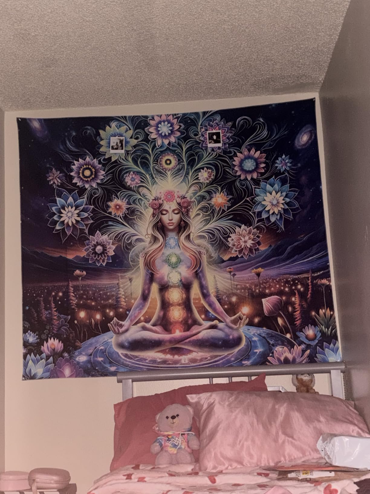 Dermijer Blacklight Seven Chakra Yoga Meditation Tapestry Flower Chakra Tapestries Galaxy Space Planet Tapestry UV Reactive Lotus Spiritual Tapestries Wall Hanging for Home Decor 59.1L x 51.2W customer photo 1