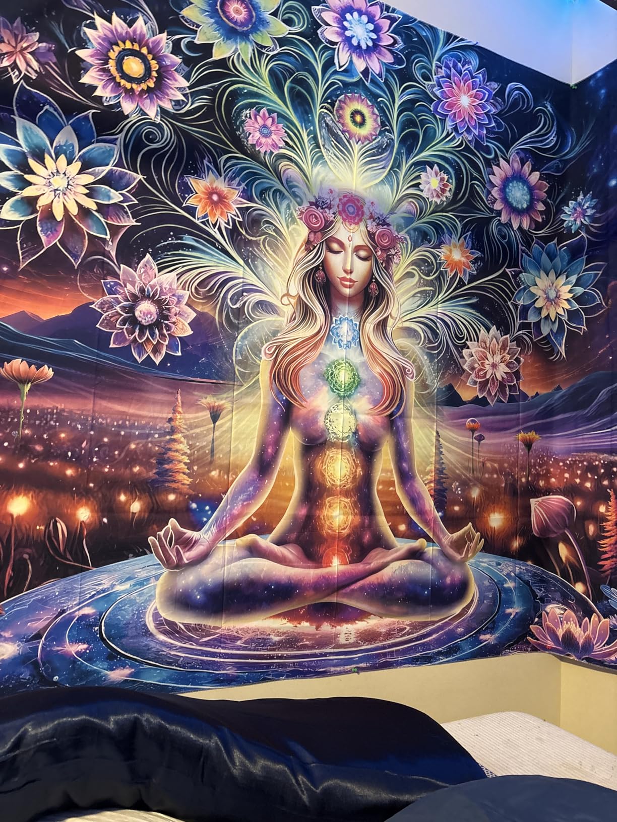 Dermijer Blacklight Seven Chakra Yoga Meditation Tapestry Flower Chakra Tapestries Galaxy Space Planet Tapestry UV Reactive Lotus Spiritual Tapestries Wall Hanging for Home Decor 59.1L x 51.2W customer photo 2