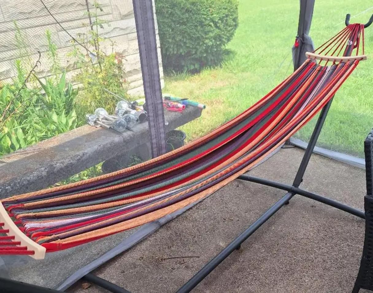Everyfun Double Hammock with Stand for 2 Person, 600 lbs Heavy Duty Cotton Bed with Steel Stand, Free Standing for Outdoor Indoor Patio, Carrying Bag Included customer photo 1