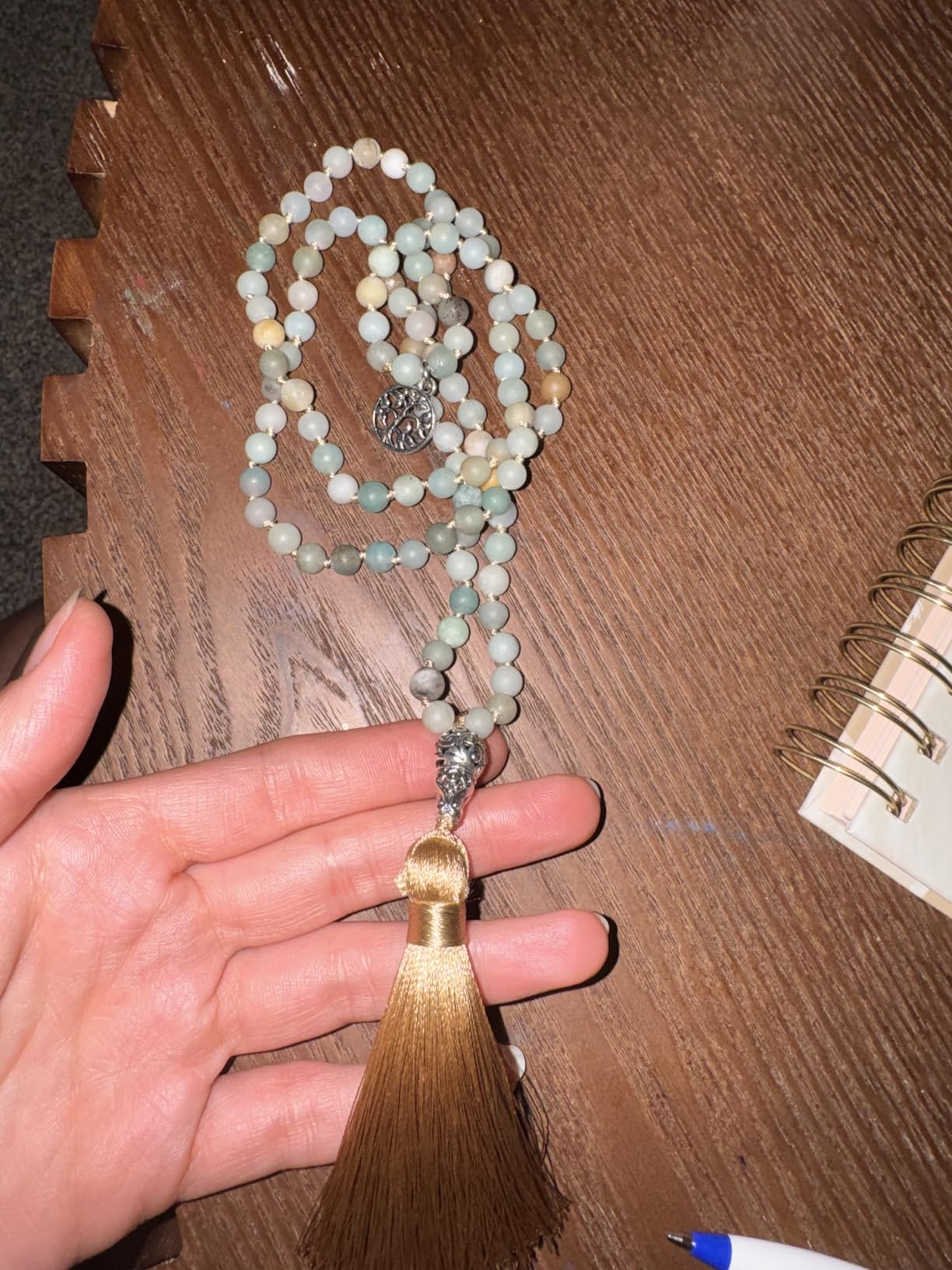 INBLUE 108 Mala Prayer Beads Wrap Necklace with Long Tassel Boho Necklace for Women Amazonite Bead Bracelet with Spiritual Tree of Life Pendant 108 Beads Necklace for Meditation customer photo 1
