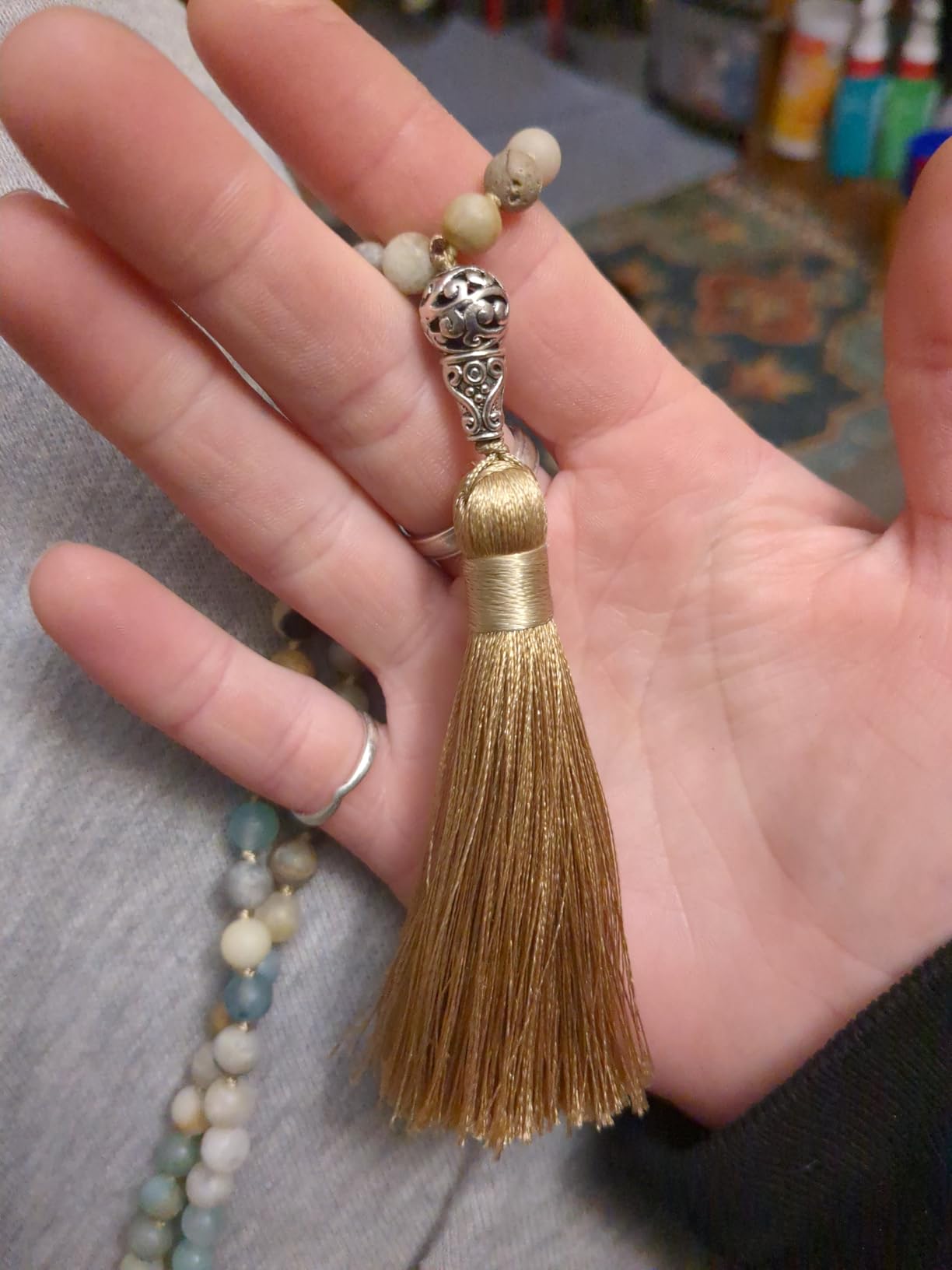 INBLUE 108 Mala Prayer Beads Wrap Necklace with Long Tassel Boho Necklace for Women Amazonite Bead Bracelet with Spiritual Tree of Life Pendant 108 Beads Necklace for Meditation customer photo 2