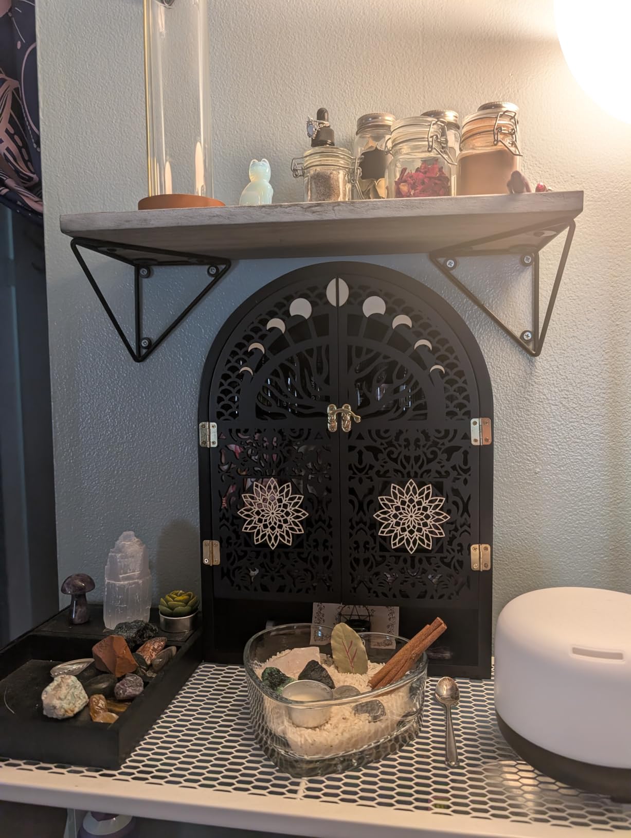 Crystal Display Shelf, Trinket Shelf, Witchy Gothic Wall Decor | Celestial Decor, Goth Room Decor, Crescent Moon Phase Shelf, Wooden Arch Shelf, Tree of Life Crystal Holder, Spiritual Gift customer photo 1