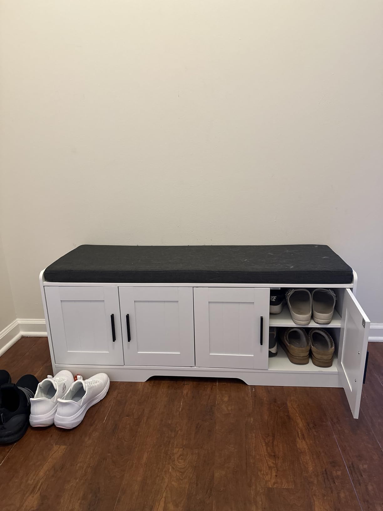 Homleke Shoe Storage Bench, 4 Doors & Thickened Padded Seat Cushion | 2-Tier Shoe Bench, Entryway Bench, Adjustable Shelf, 13.8