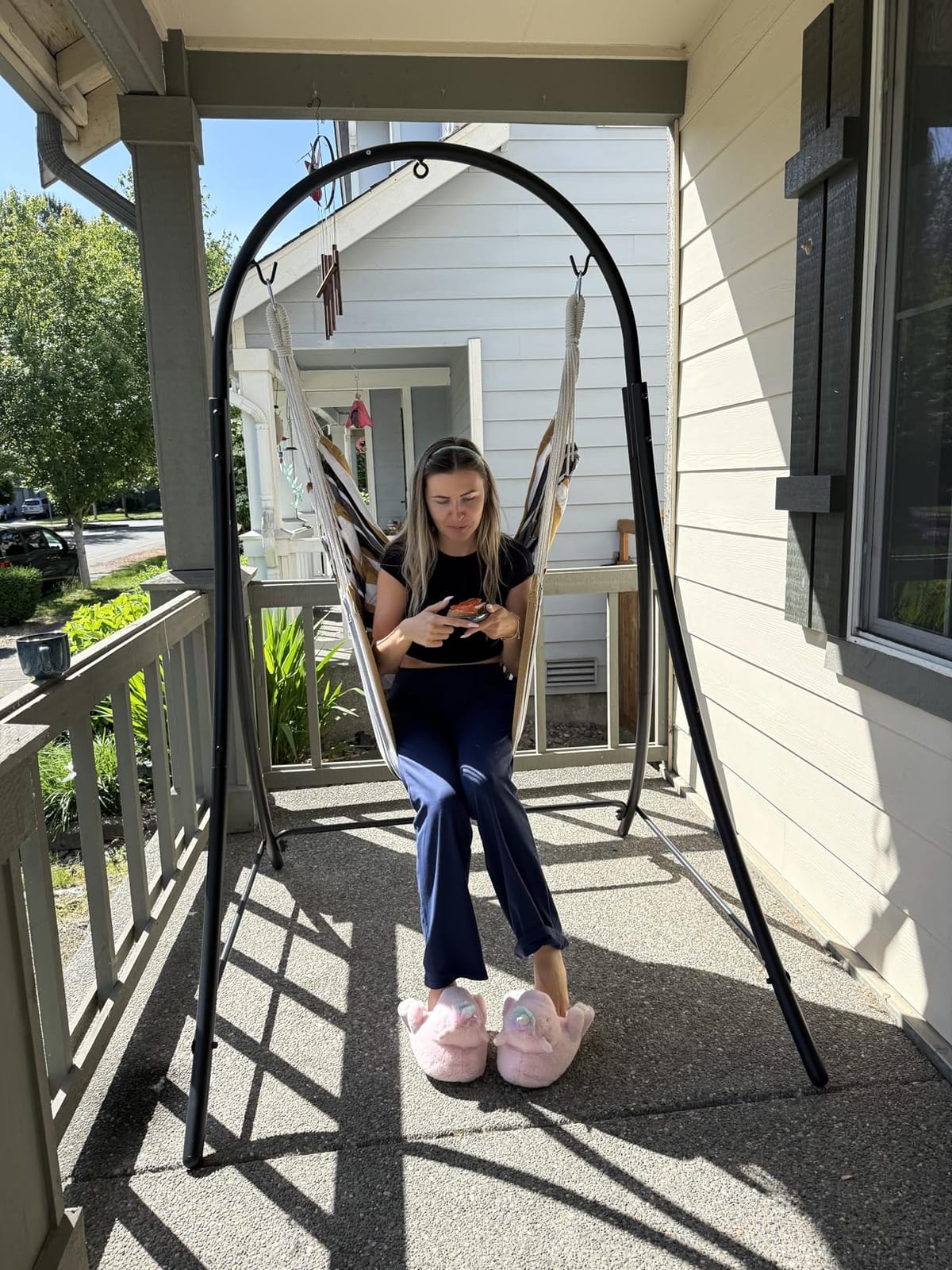 ANOW Adjustable Hammock Chair Stand, Heavy Duty Hanging Chair Stand, Black | Large Hammock Swing Chair Stand with Safety Hooks for Indoors Outdoors, Max 400 Lbs, Plus Size Version customer photo 2