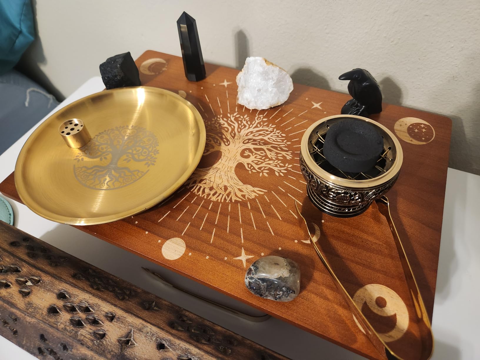 PH PandaHall Wooden Meditation Altar Table for Room Decor 11.8x7.8 inch | Wiccan Altar Table, Buddhist Shrine, Moon Phase Pattern Engraved, Tree of Life Pattern Engraved, Wiccan Supplies customer photo 1