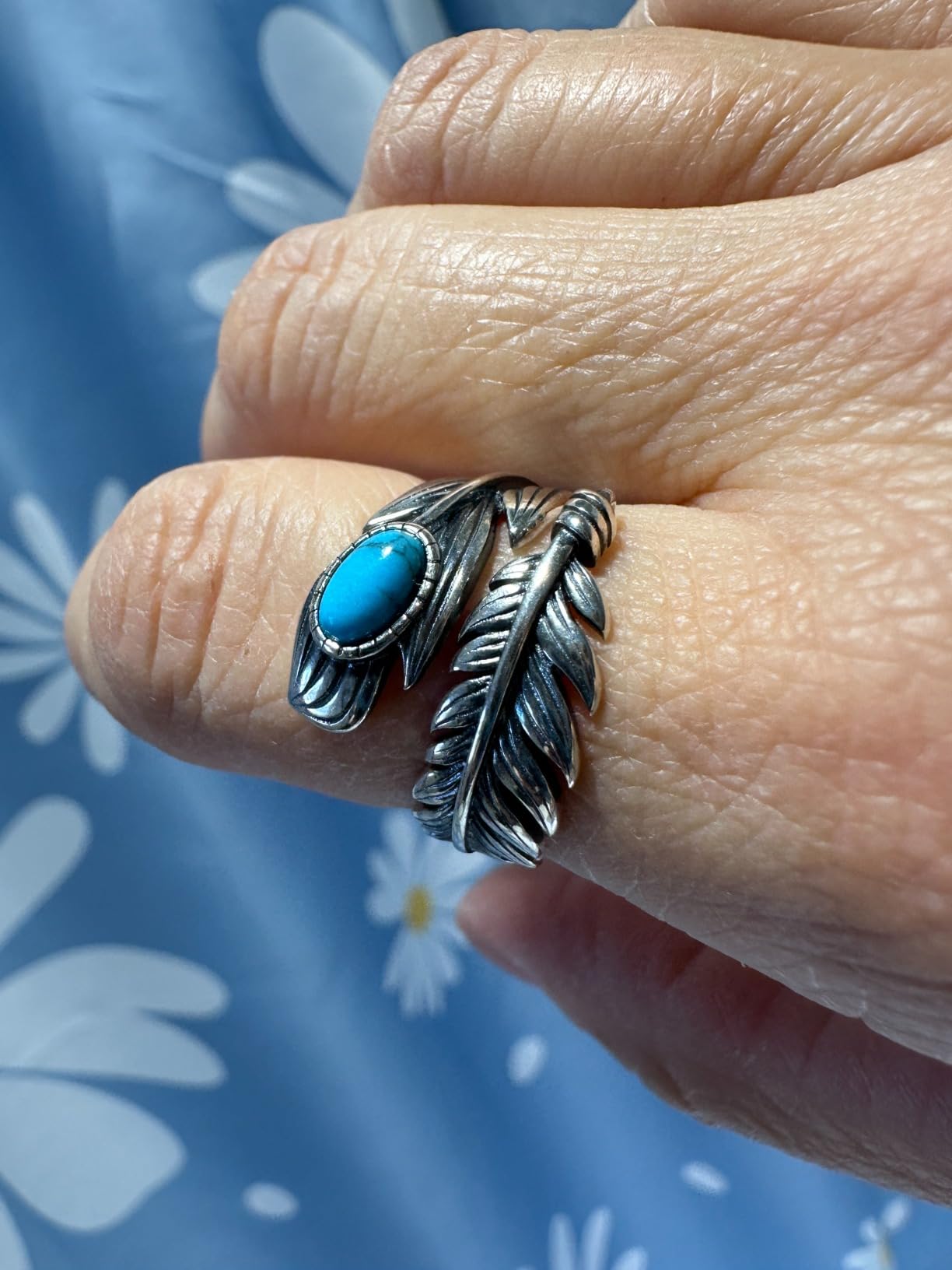 Sterling Silver Turquoise Feather Ring Western Thumb Jewelry Gift for Women | Adjustable Band Ring, Vintage Boho Style Ring, Thick Wide Turquoise Promise Ring customer photo 1