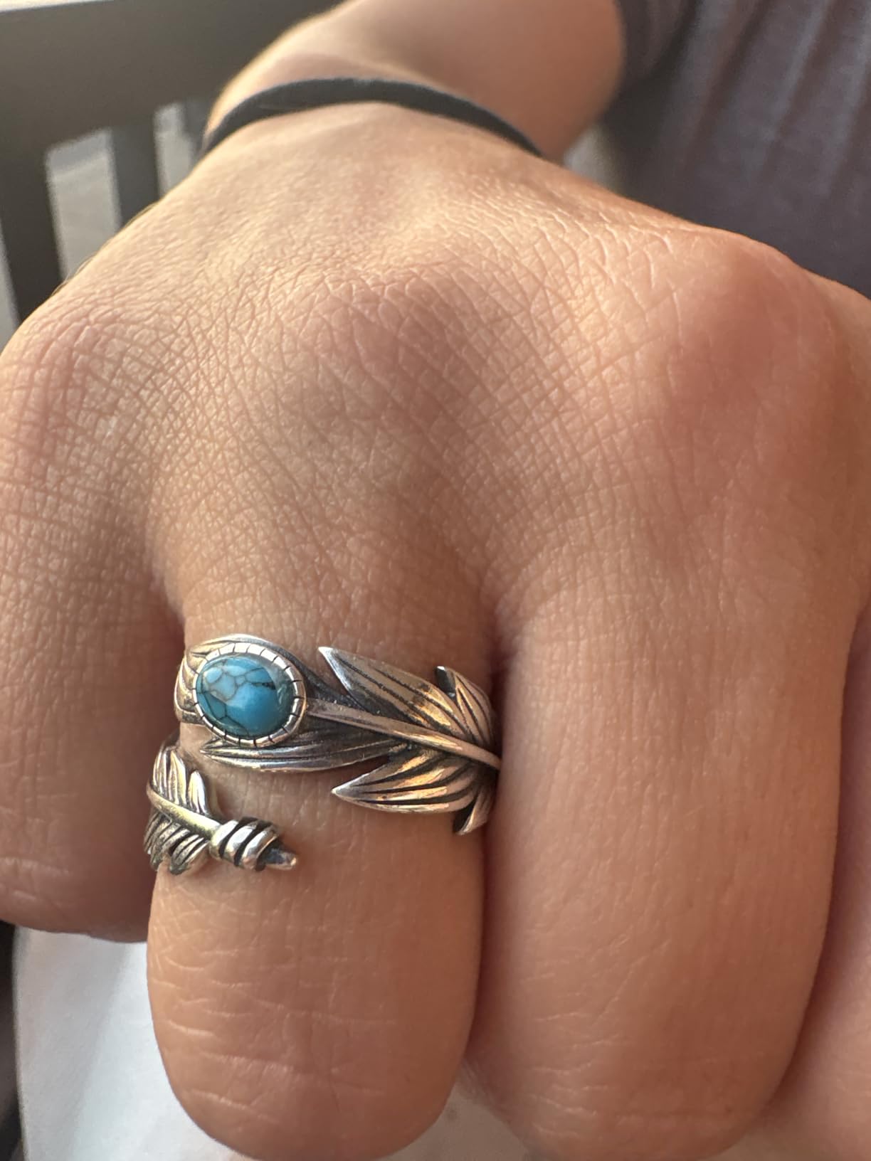 Sterling Silver Turquoise Feather Ring Western Thumb Jewelry Gift for Women | Adjustable Band Ring, Vintage Boho Style Ring, Thick Wide Turquoise Promise Ring customer photo 2